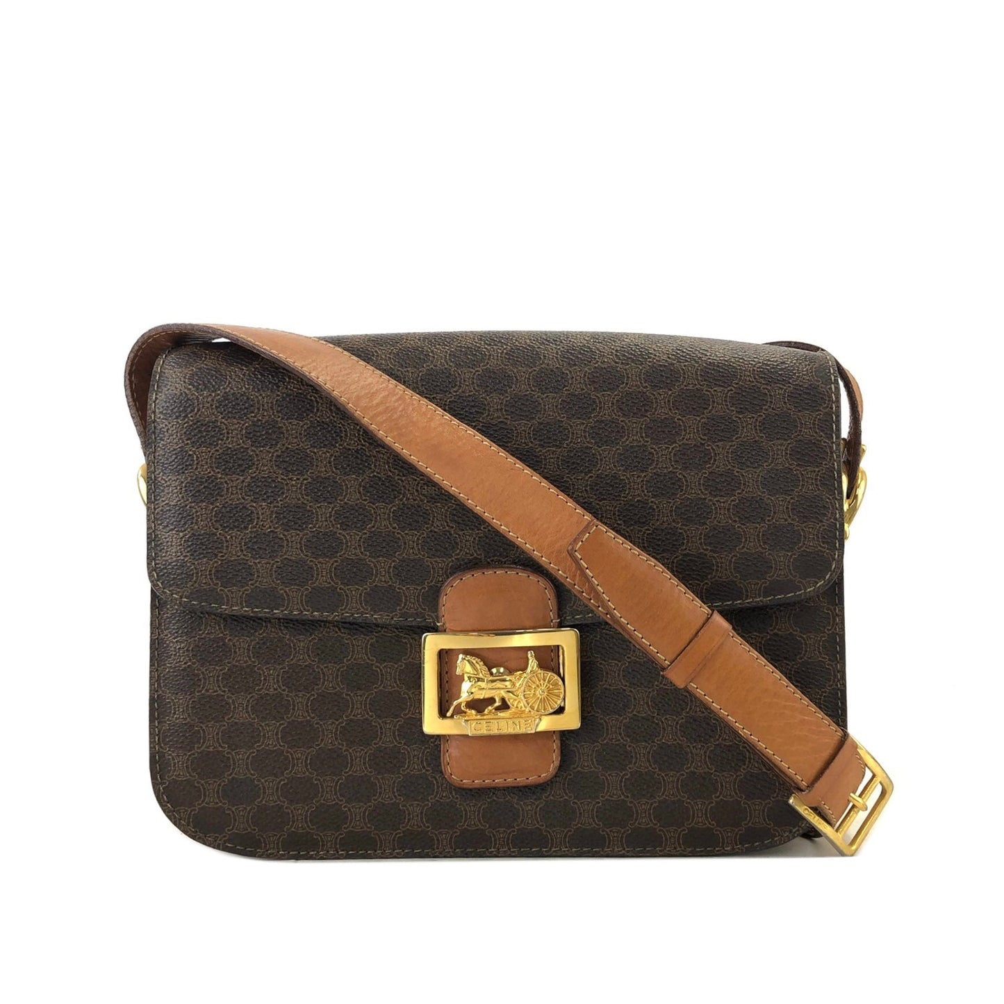 CELINE Macadam Horse carriage Leather crossbody Shoulder bag Brown Vintage Old Celine 6pg6byー