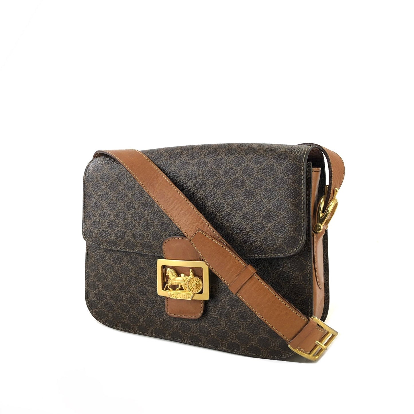 CELINE Macadam Horse carriage Leather crossbody Shoulder bag Brown Vintage Old Celine 6pg6byー