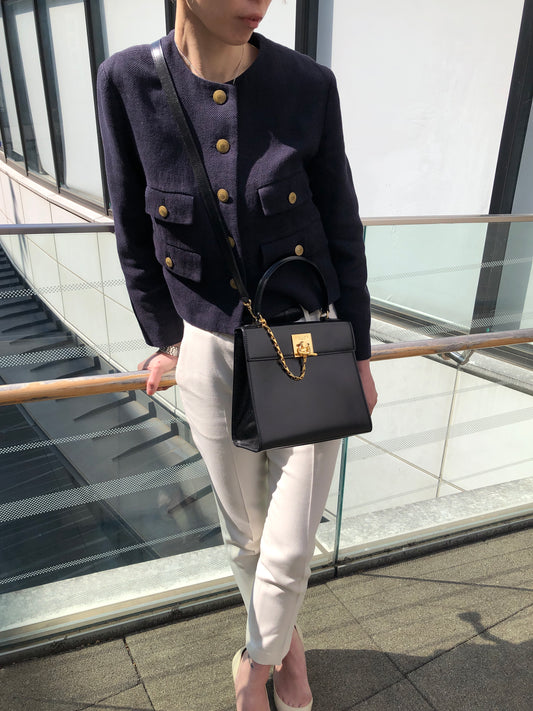 CELINE Gancini Two-way Handbag Shoulder bag Black Vintage r5552p