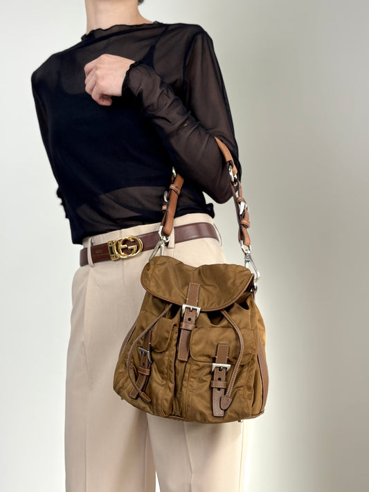 PRADA Tessuto Triangle Logo Double Pocket Handbag Shoulder bag Beige Vintage cgzz8n