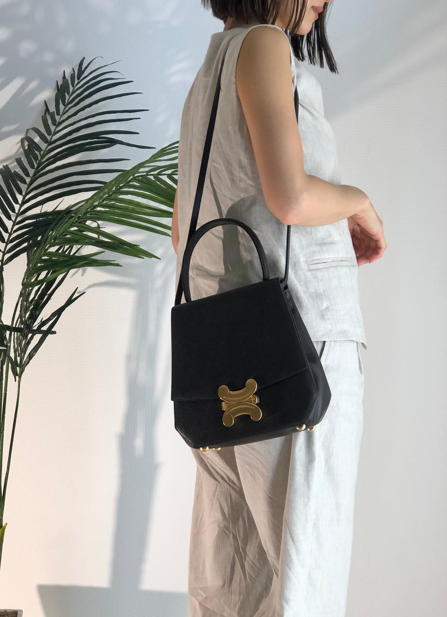 CELINE Triomphe Leather 2way shoulder bag Brown Vintage Old Celine wne7kc