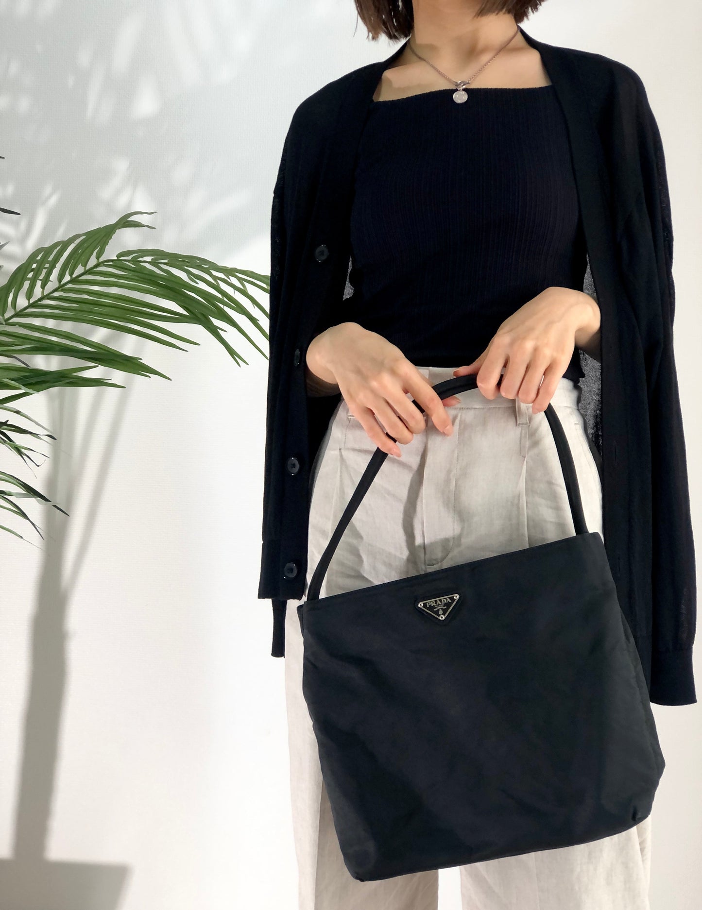 PRADA triangle logo Nylon one handle tote bag black Vintage Old 44guk3
