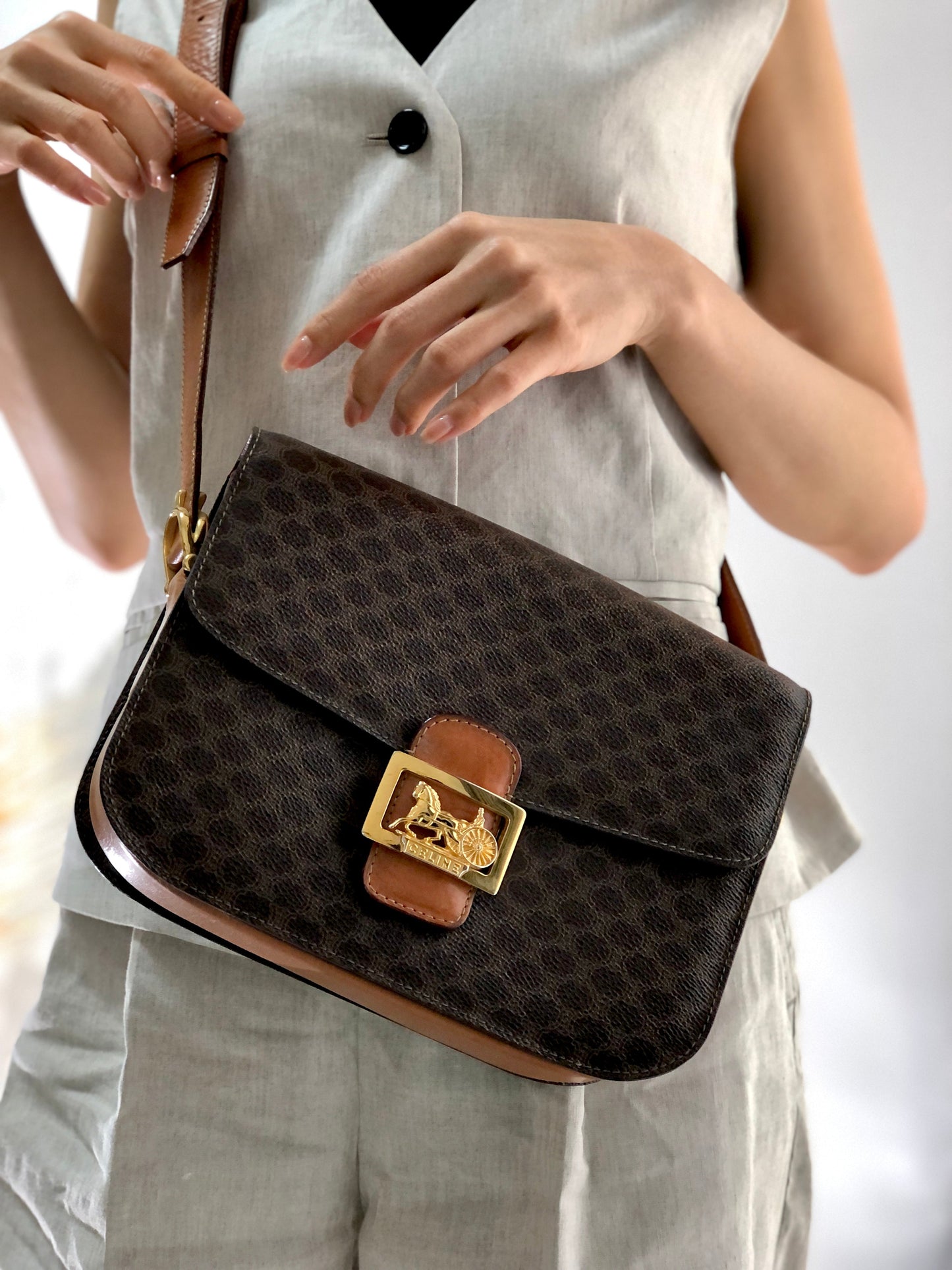 CELINE Macadam Horse carriage Leather crossbody Shoulder bag Brown Vintage Old Celine 6pg6byー