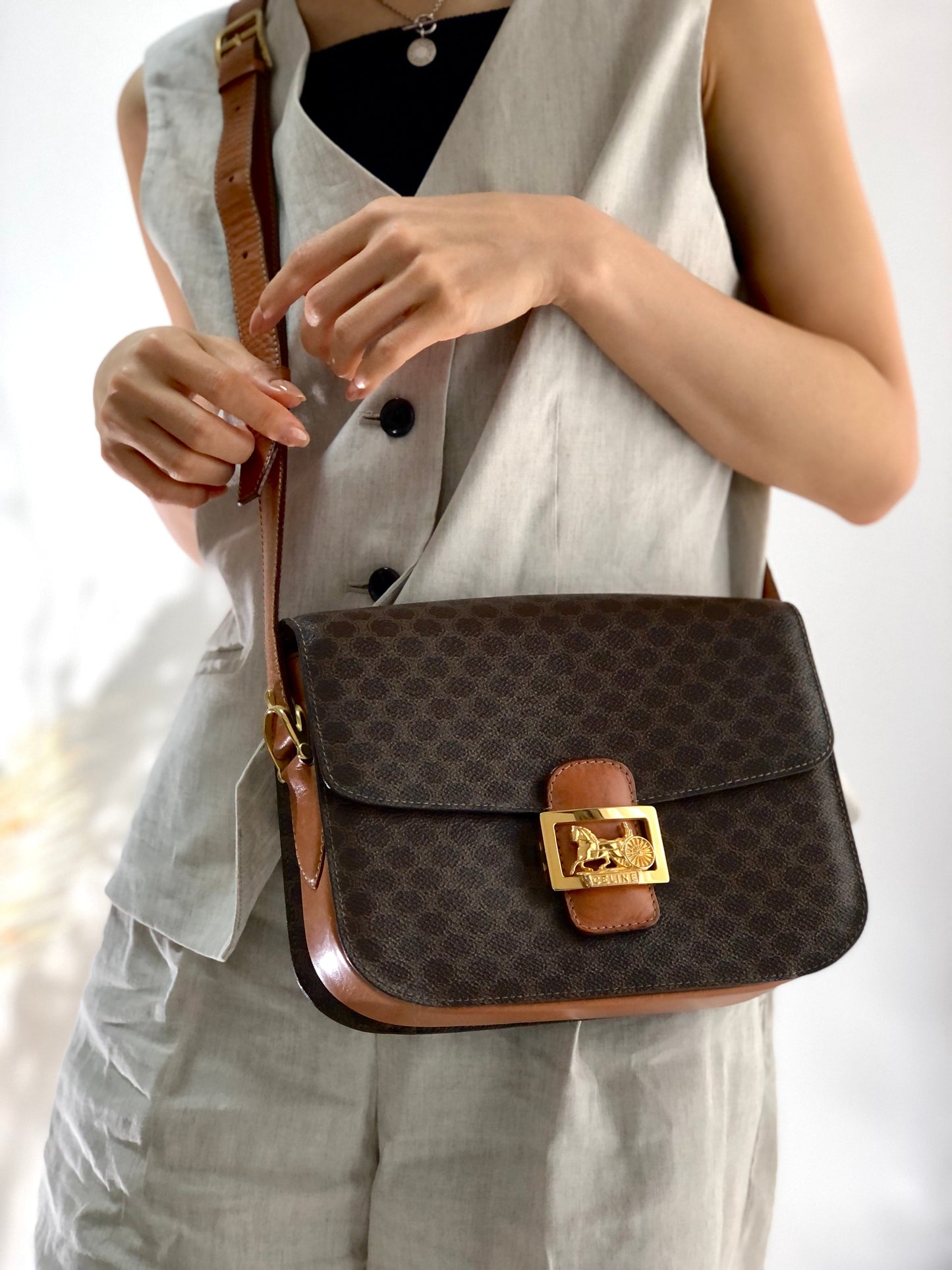 CELINE Macadam Horse carriage Leather crossbody Shoulder bag Brown Vintage Old Celine 6pg6byー