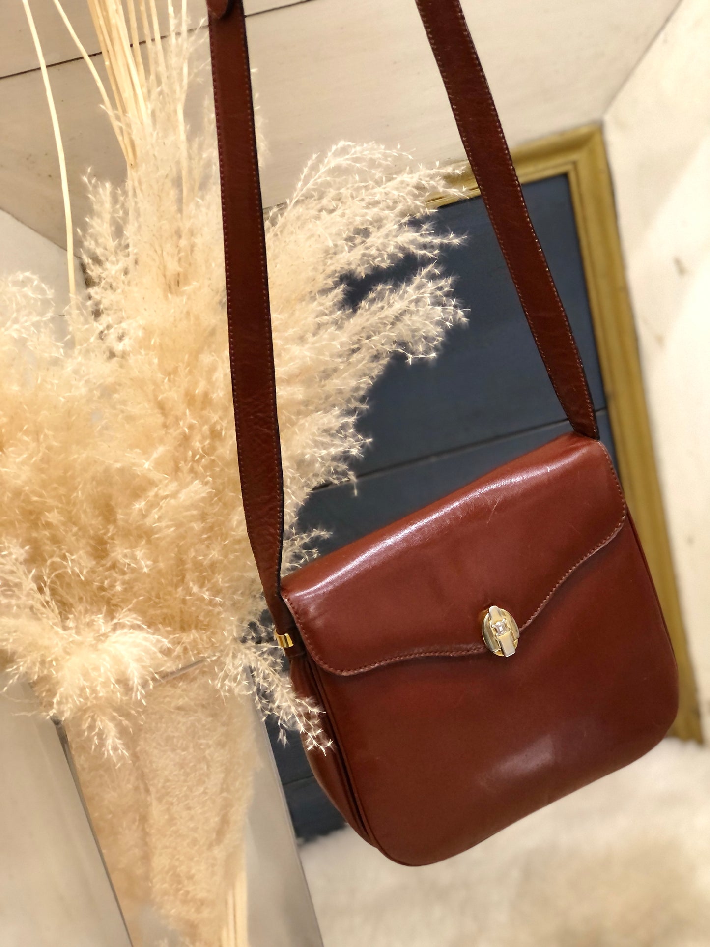 CELINE Blason Metal Fittings Leather Shoulder Bag Brown Vintage Old Celine mi8za6