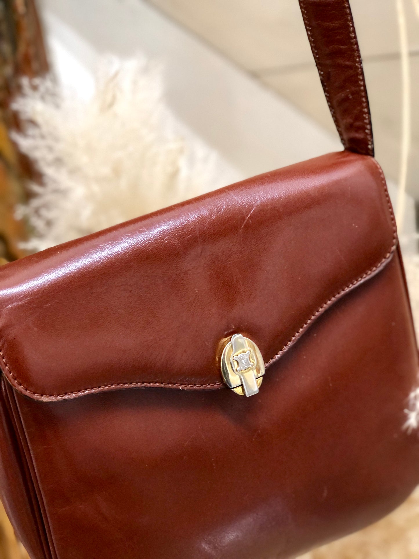 CELINE Blason Metal Fittings Leather Shoulder Bag Brown Vintage Old Celine mi8za6