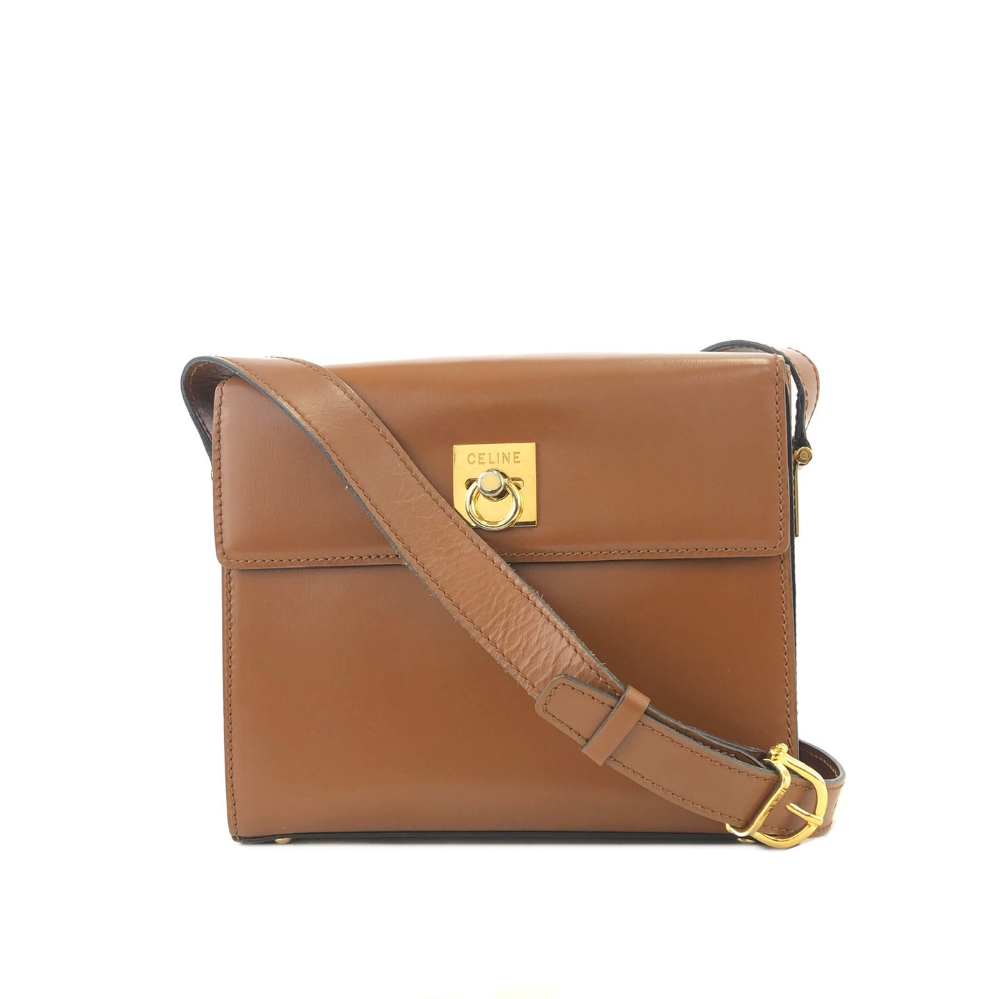 CELINE Logo Gancini 皮革 Box 單肩包 駝色 Vintage Old Celine ekrsvz