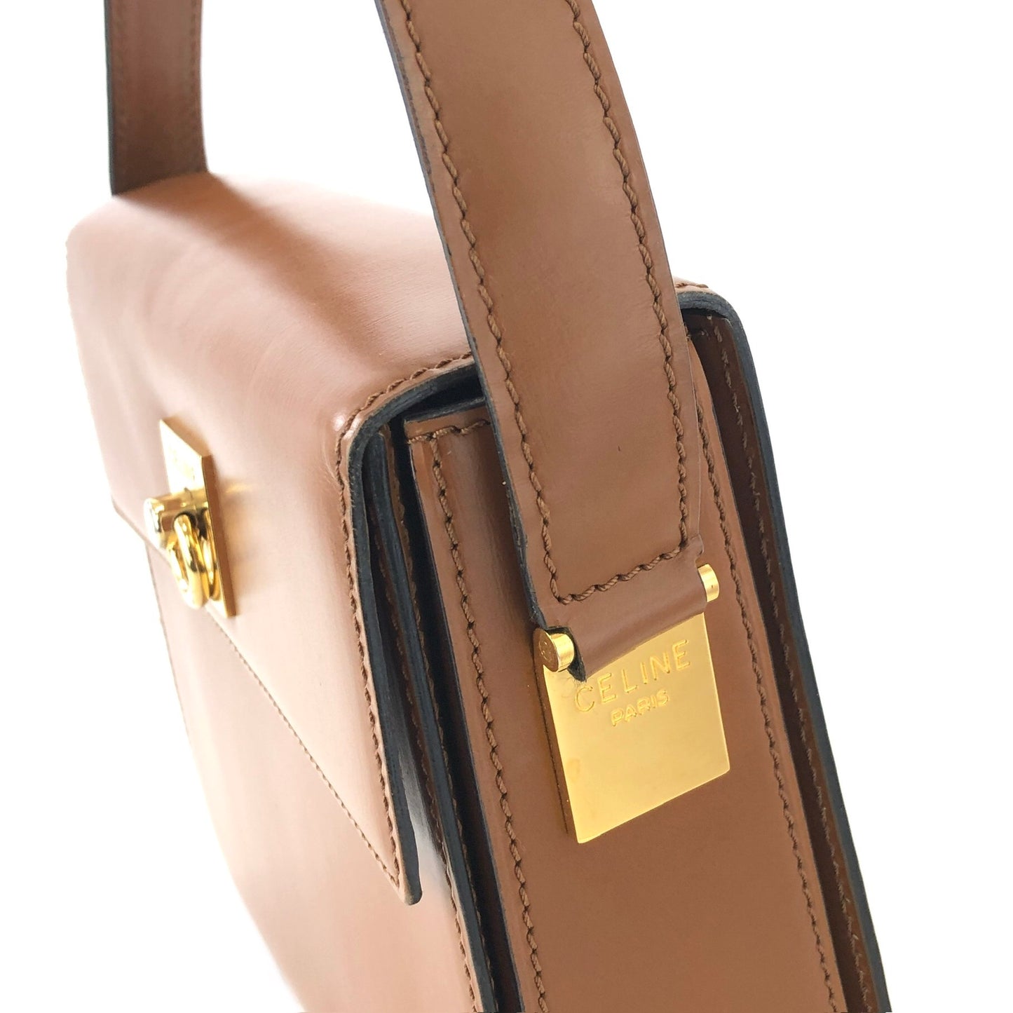 CELINE Logo Gancini 皮革 Box 單肩包 駝色 Vintage Old Celine ekrsvz