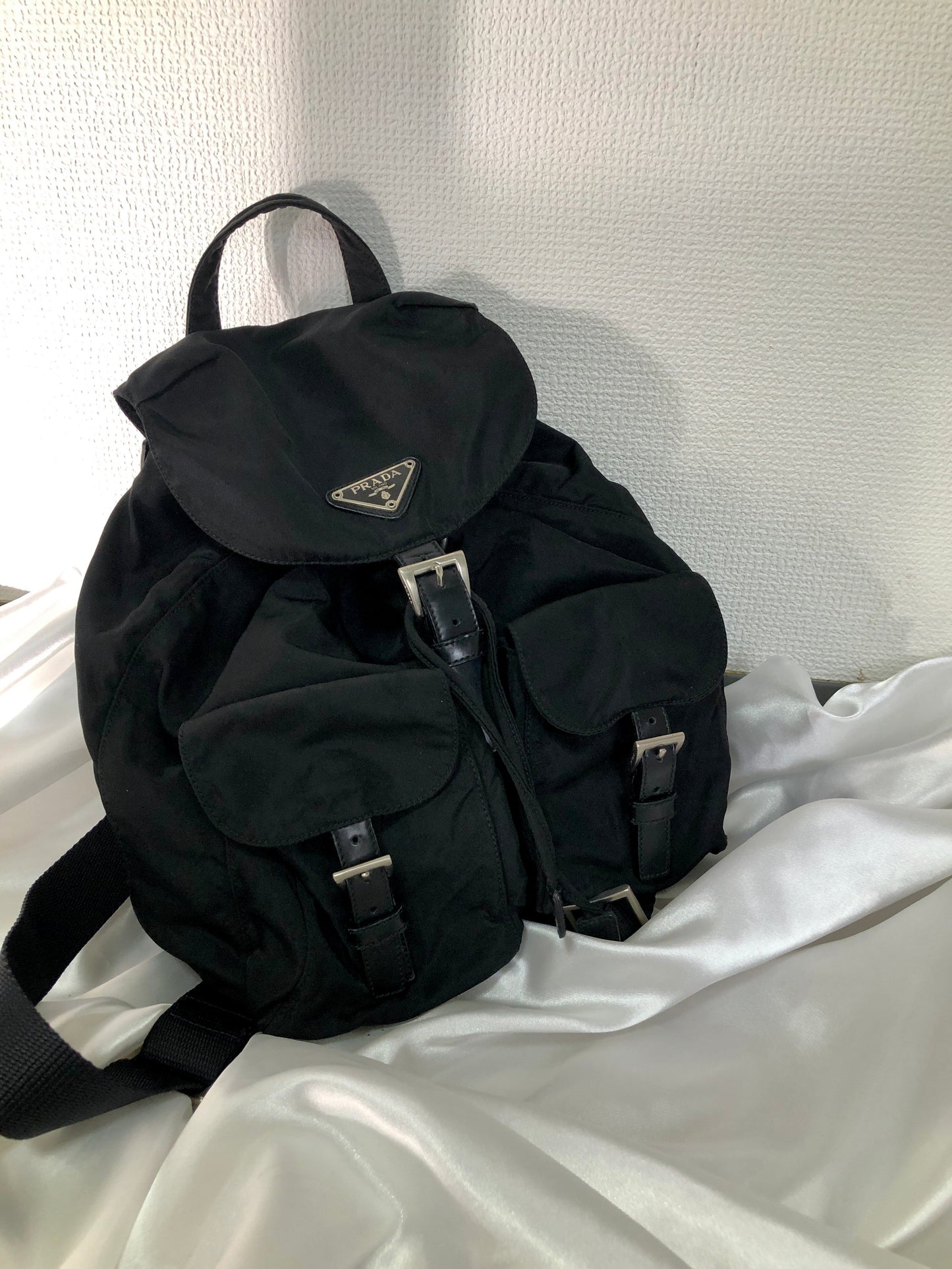 PRADA Triangle Logo Double Pocket Nylon Backpack Black Vintage Old jy63s4