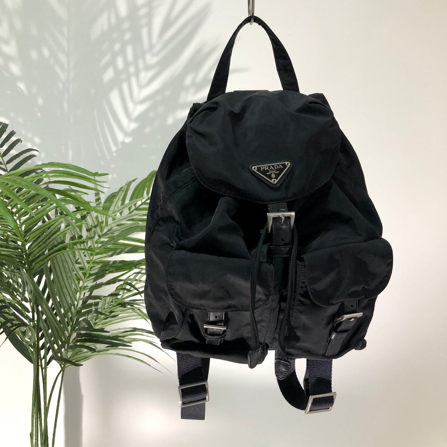 PRADA Triangle Logo Double Pocket Nylon Backpack Black Vintage Old jy63s4