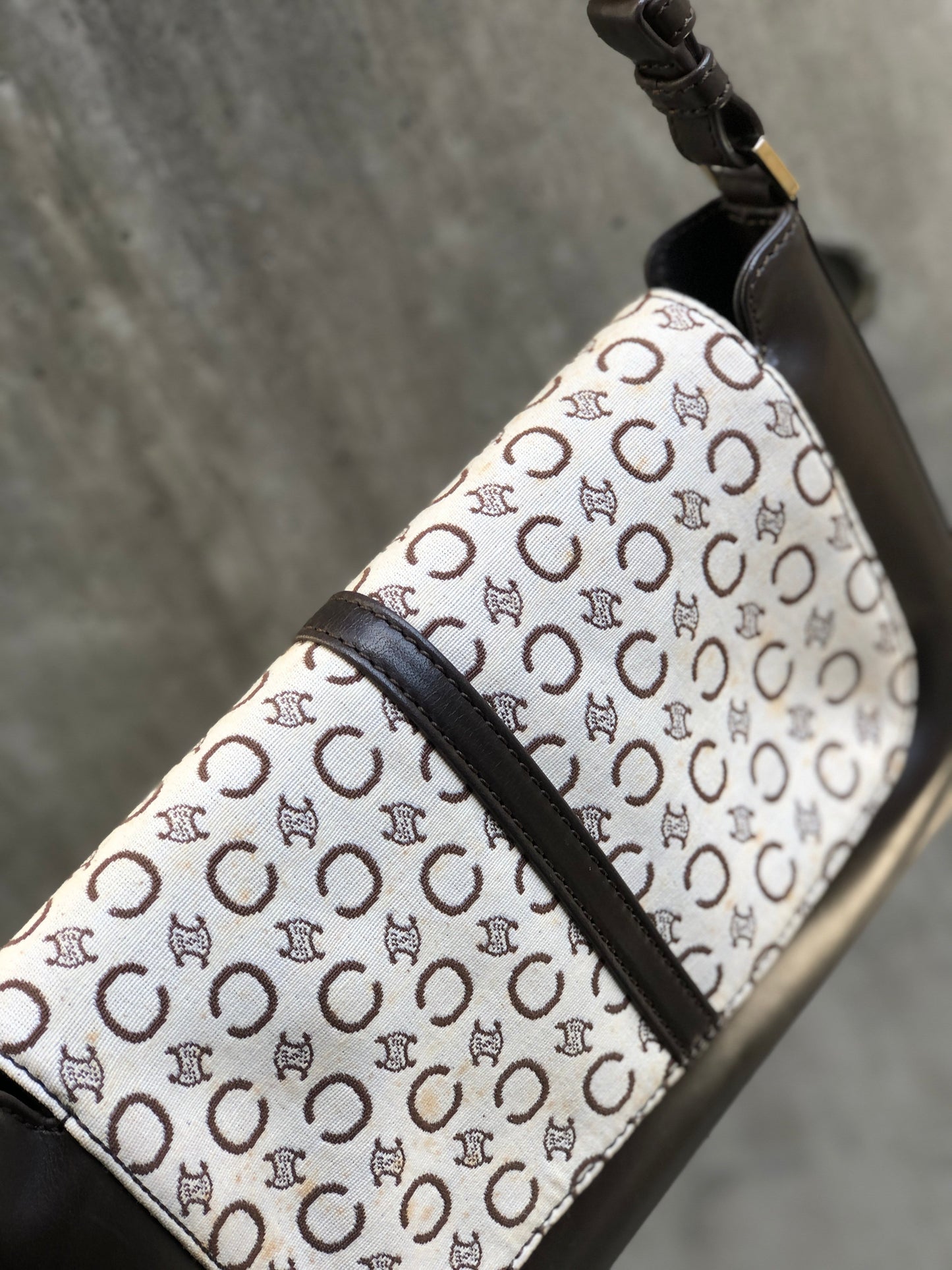 CELINE C Macadam Front Buckle Jacquard Shoulder bag White Vintage Old Celine xurfup