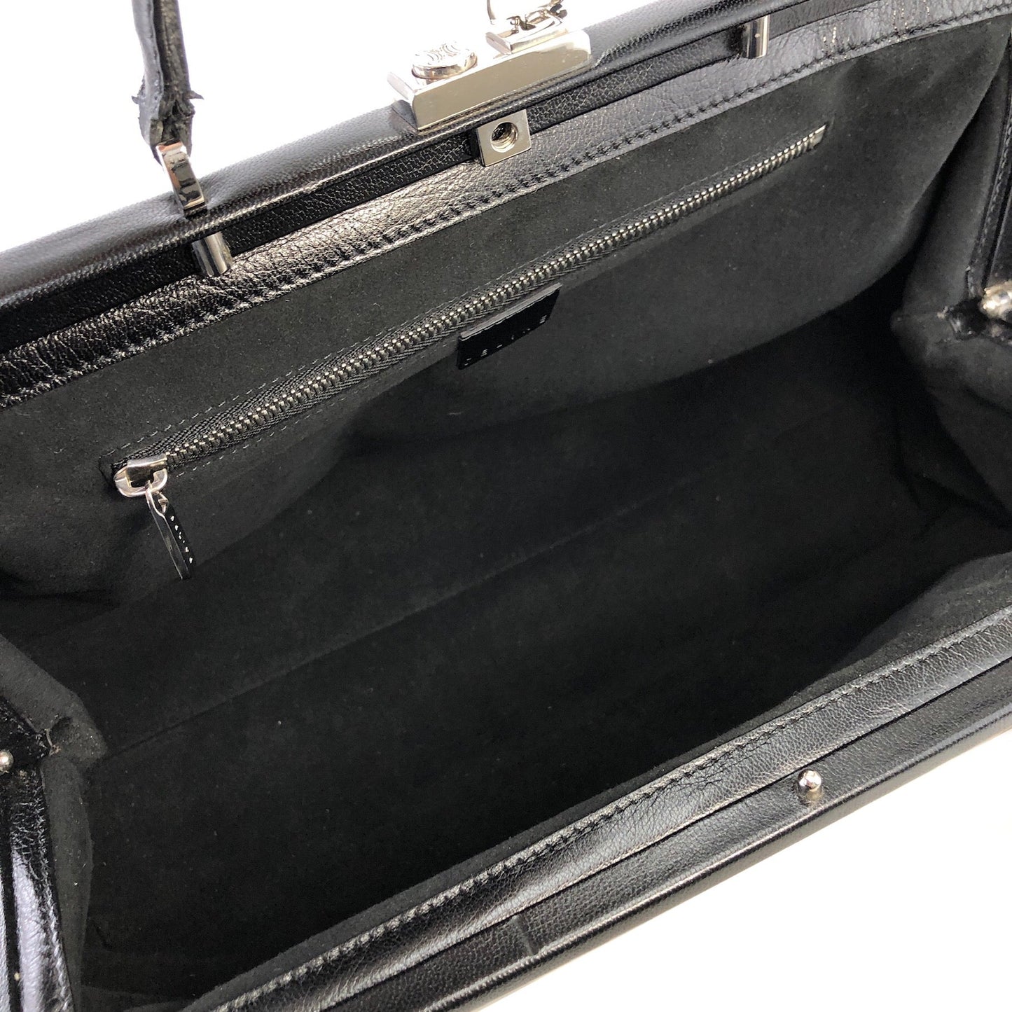 CELINE 斑點狗圖案未出生小牛皮扣環手提包白色黑色舊款 CELINE Vintage e5d32i
