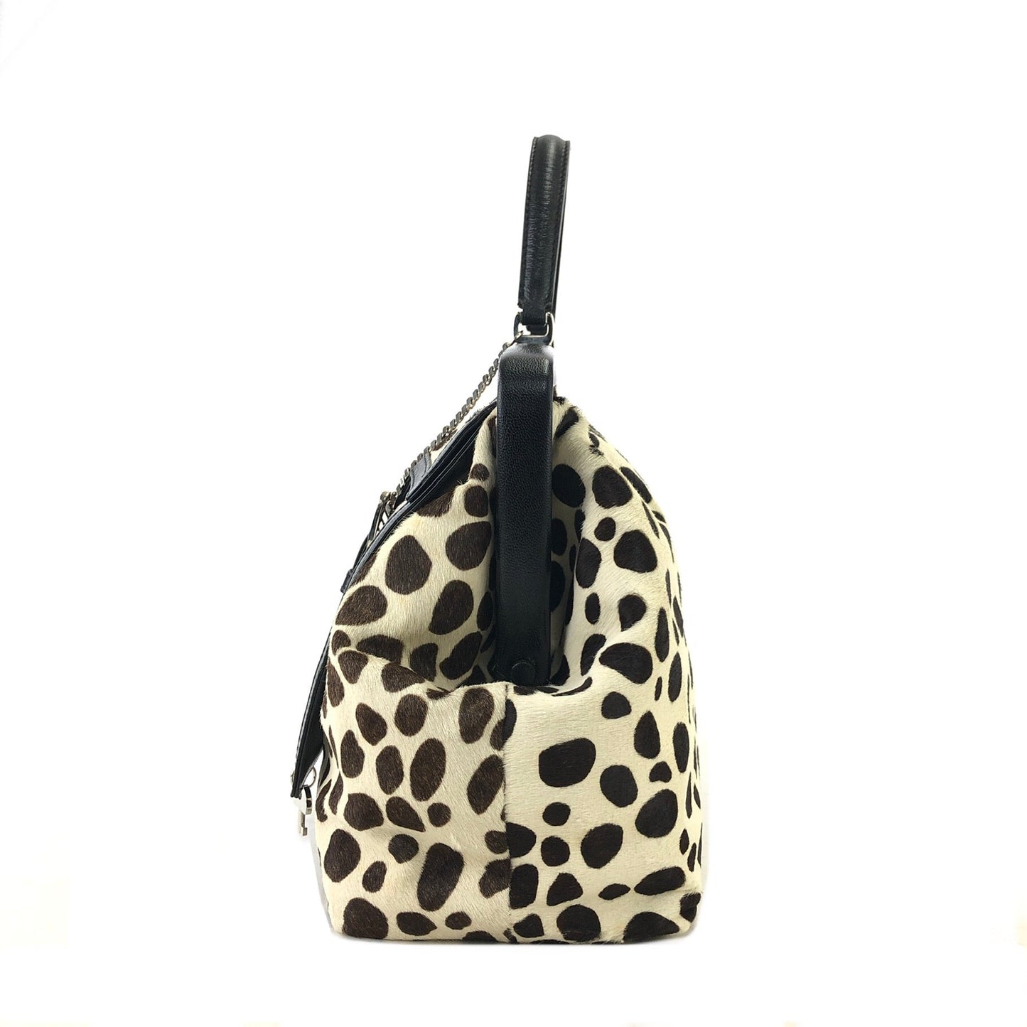 CELINE 斑點狗圖案未出生小牛皮扣環手提包白色黑色舊款 CELINE Vintage e5d32i