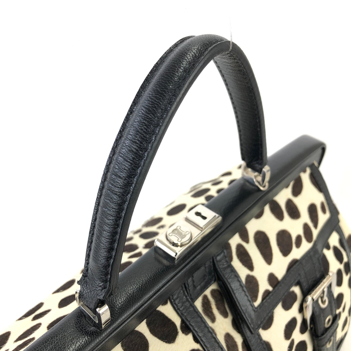 CELINE 斑點狗圖案未出生小牛皮扣環手提包白色黑色舊款 CELINE Vintage e5d32i