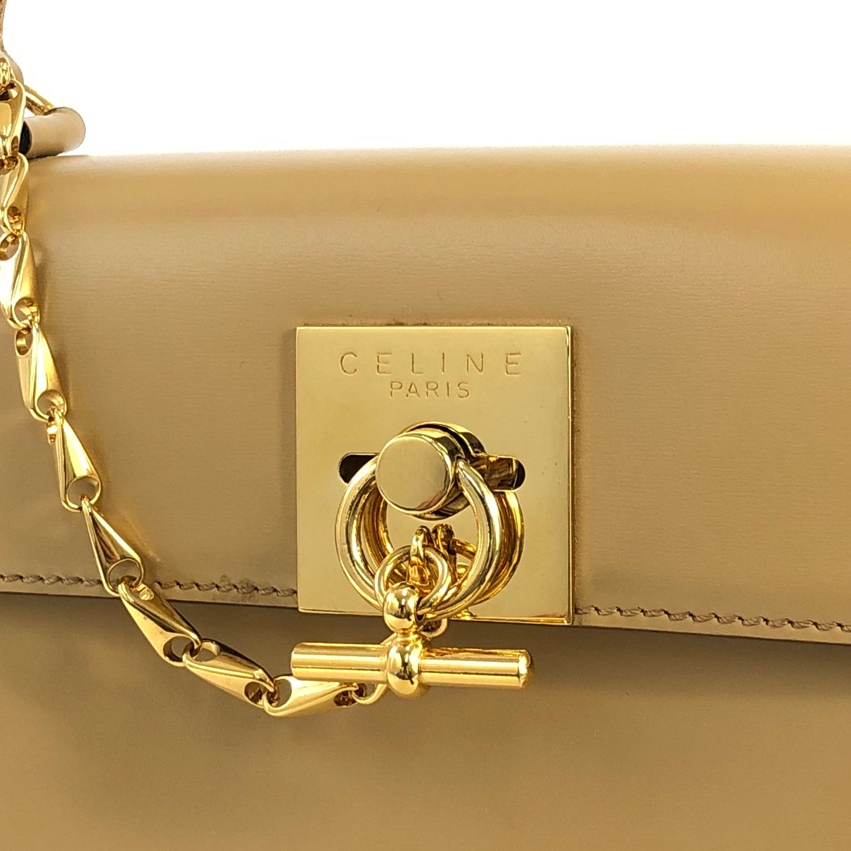 CELINE Toggle Clasp Chain Handbag Beige Vintage Old Celine mg644i