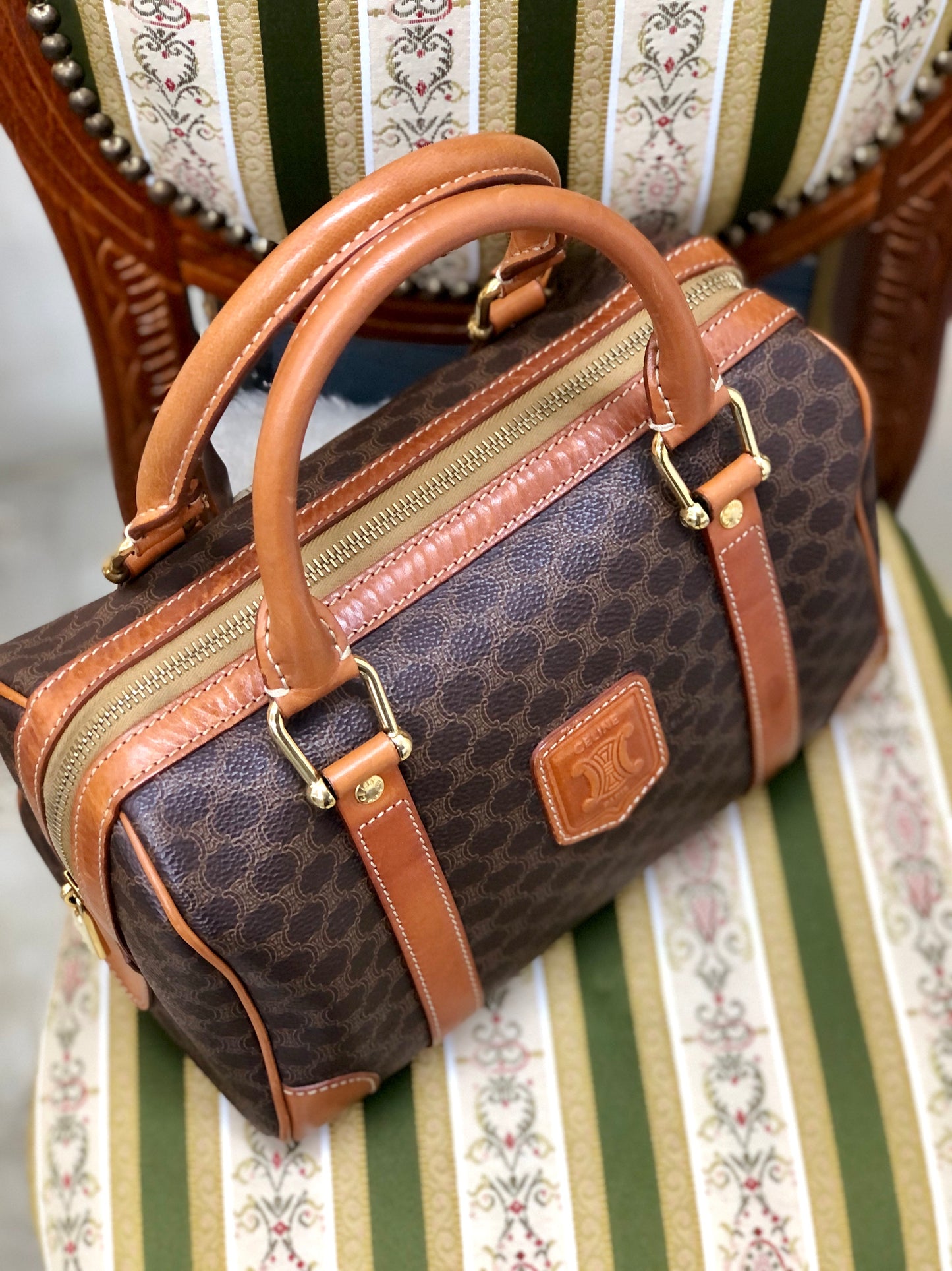 CELINE Macadam Blason Boston bag Handbag Brown Vintage Old Celine s68ihd