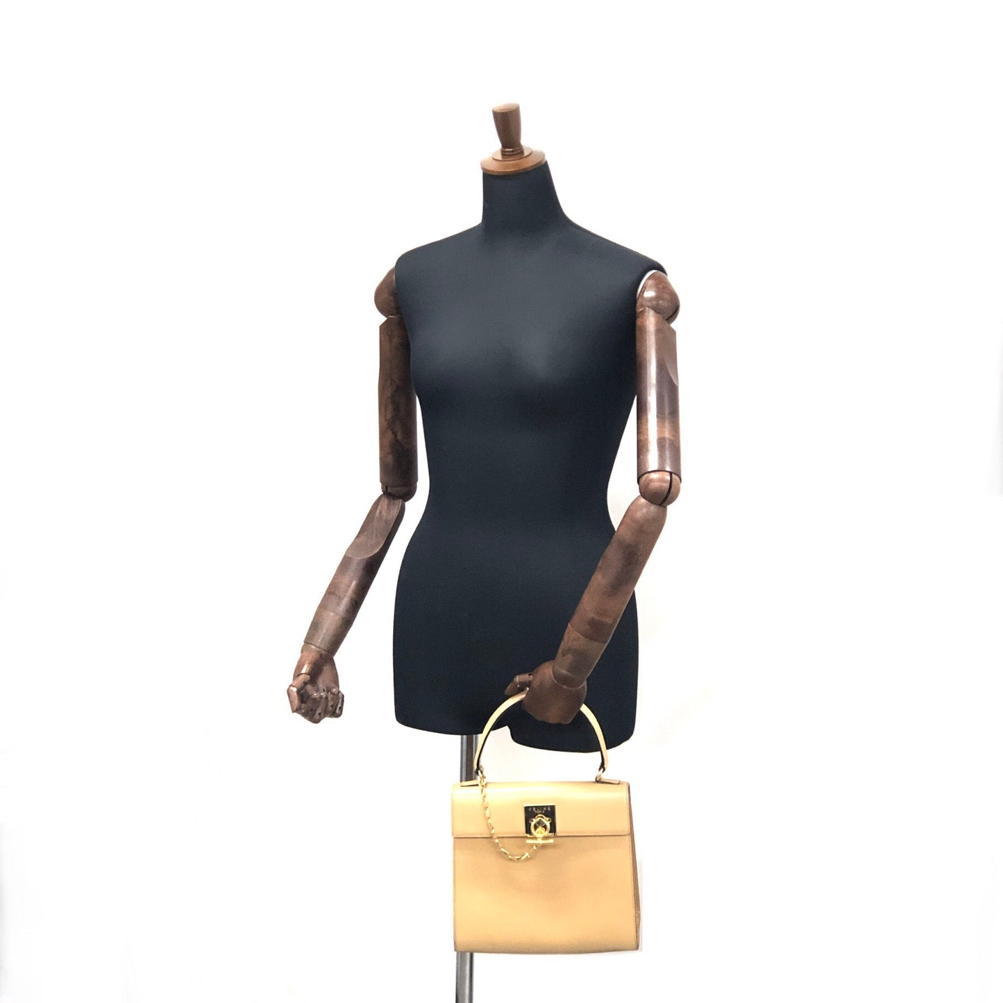 CELINE Toggle Clasp Chain Handbag Beige Vintage Old Celine mg644i