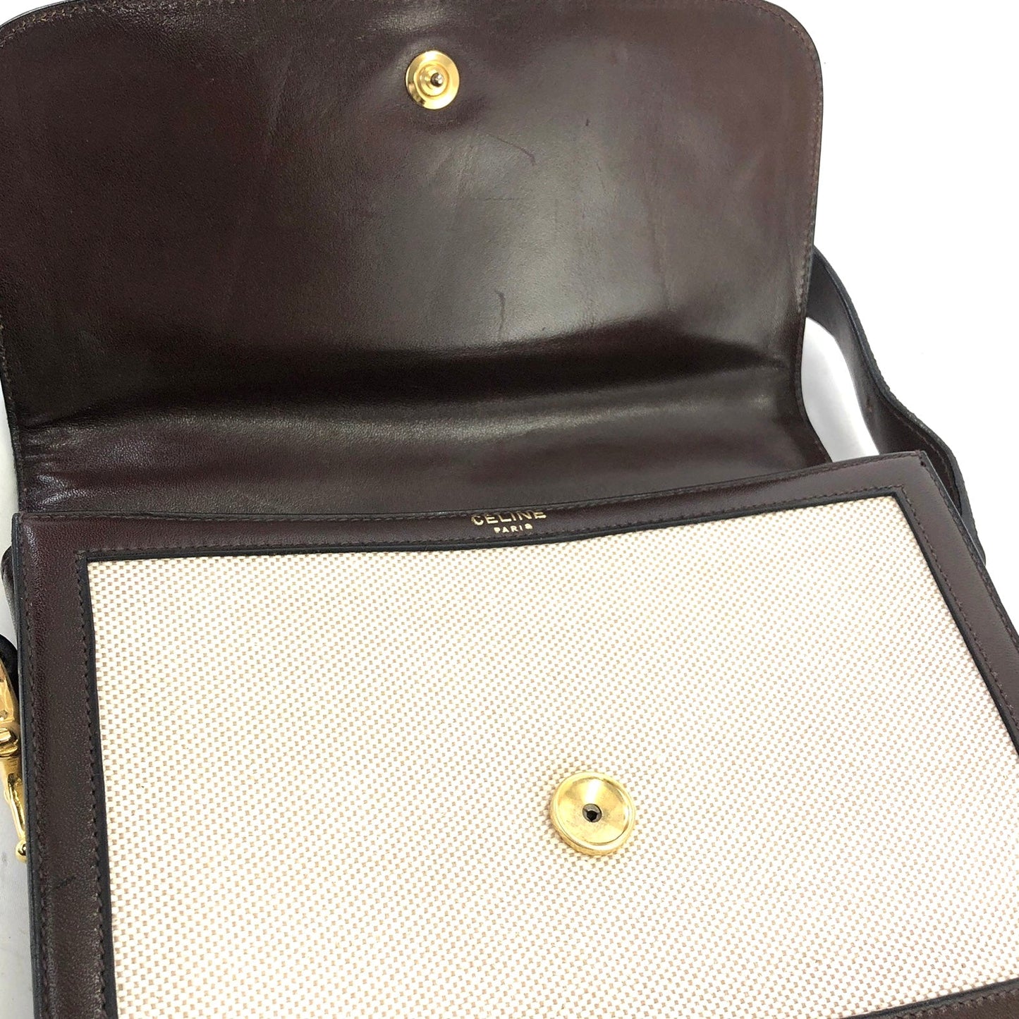 CELINE Horsebit Canvas Shoulderbag Beige Vintage OldCELINE dv4pv7