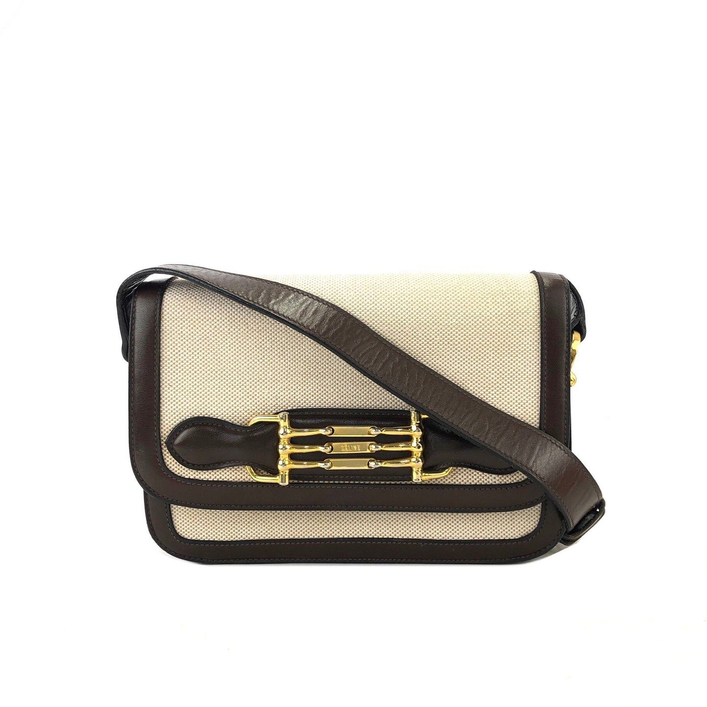 CELINE Horsebit Canvas Shoulderbag Beige Vintage OldCELINE dv4pv7