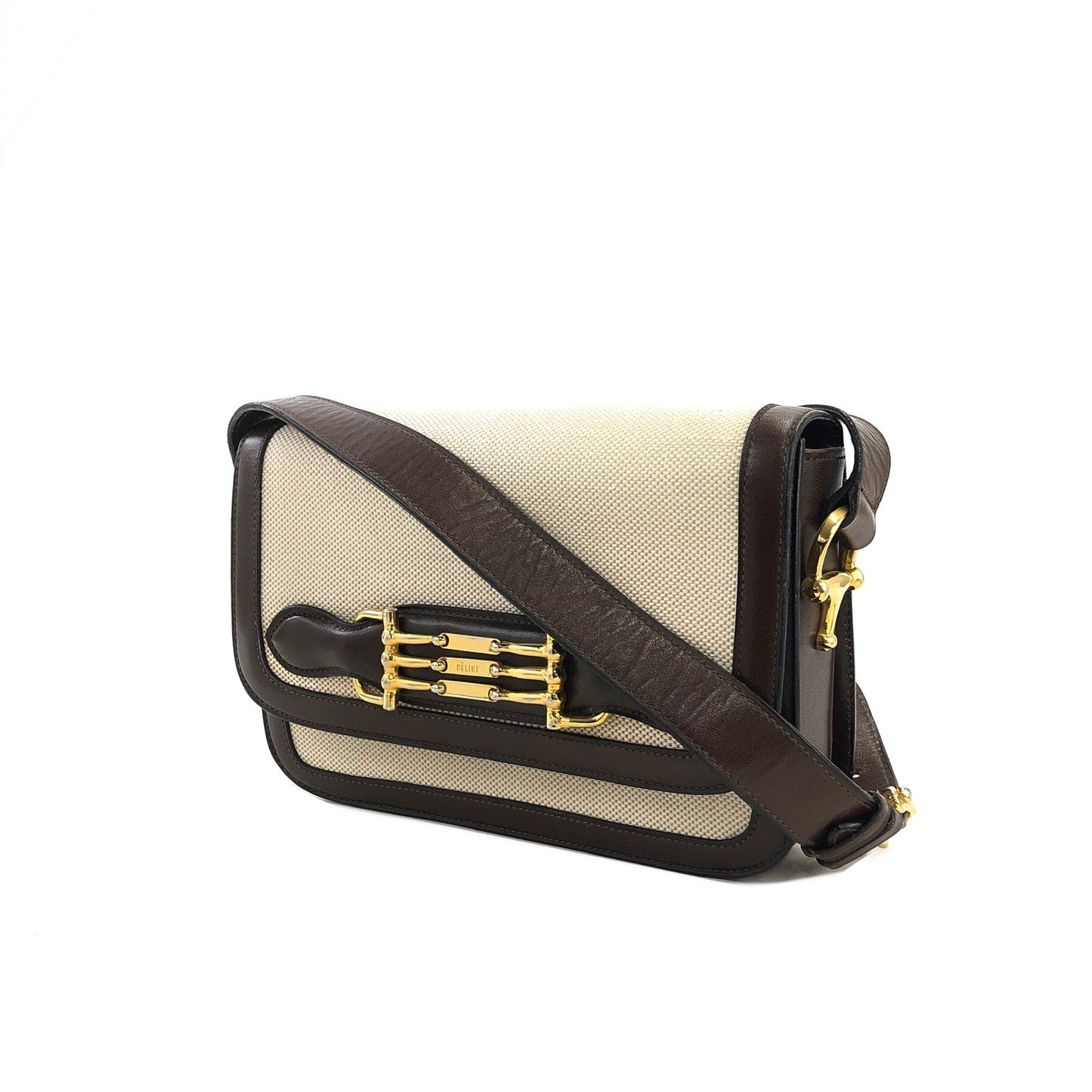 CELINE Horsebit Canvas Shoulderbag Beige Vintage OldCELINE dv4pv7