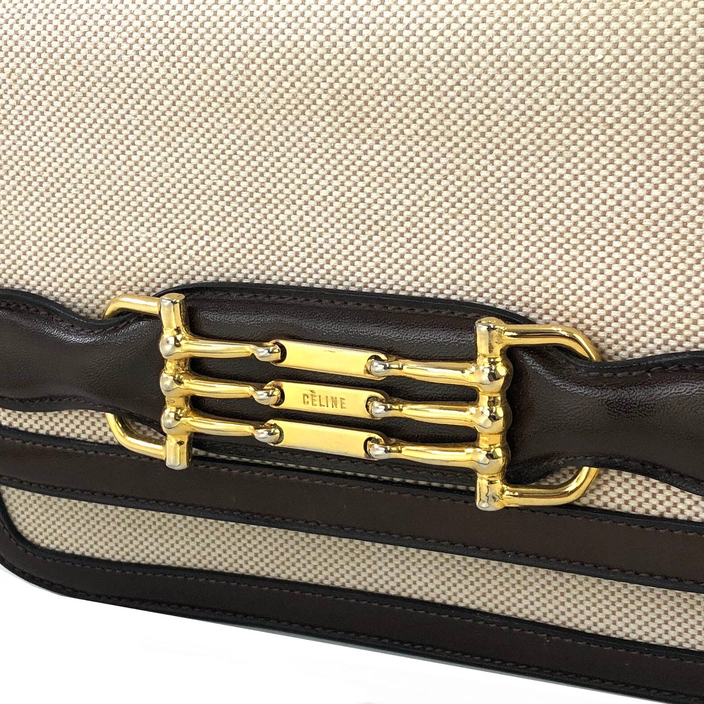 CELINE Horsebit Canvas Shoulderbag Beige Vintage OldCELINE dv4pv7