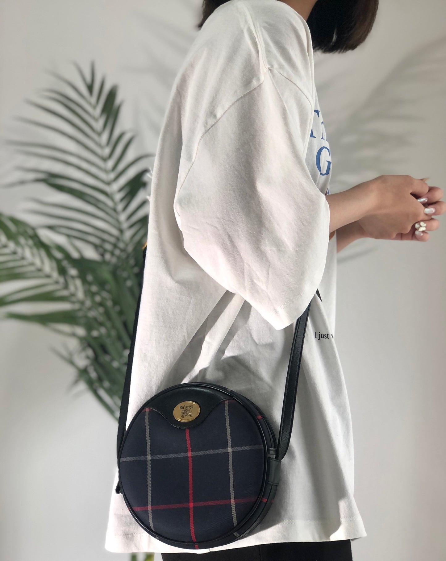 Burberrys Windowpane Check Pattern Round Small Shoulder bag Navy Vintage Old h4xh3h