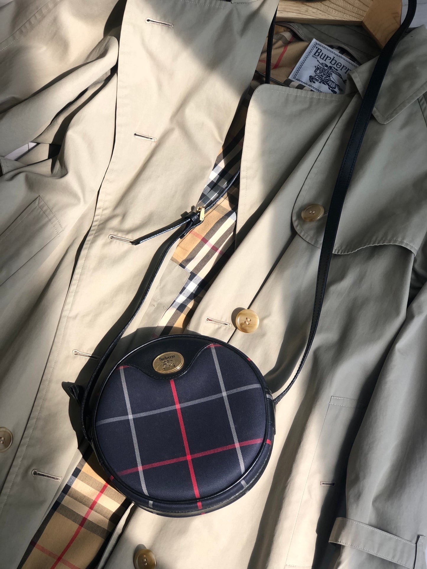 Burberrys Windowpane Check Pattern Round Small Shoulder bag Navy Vintage Old h4xh3h