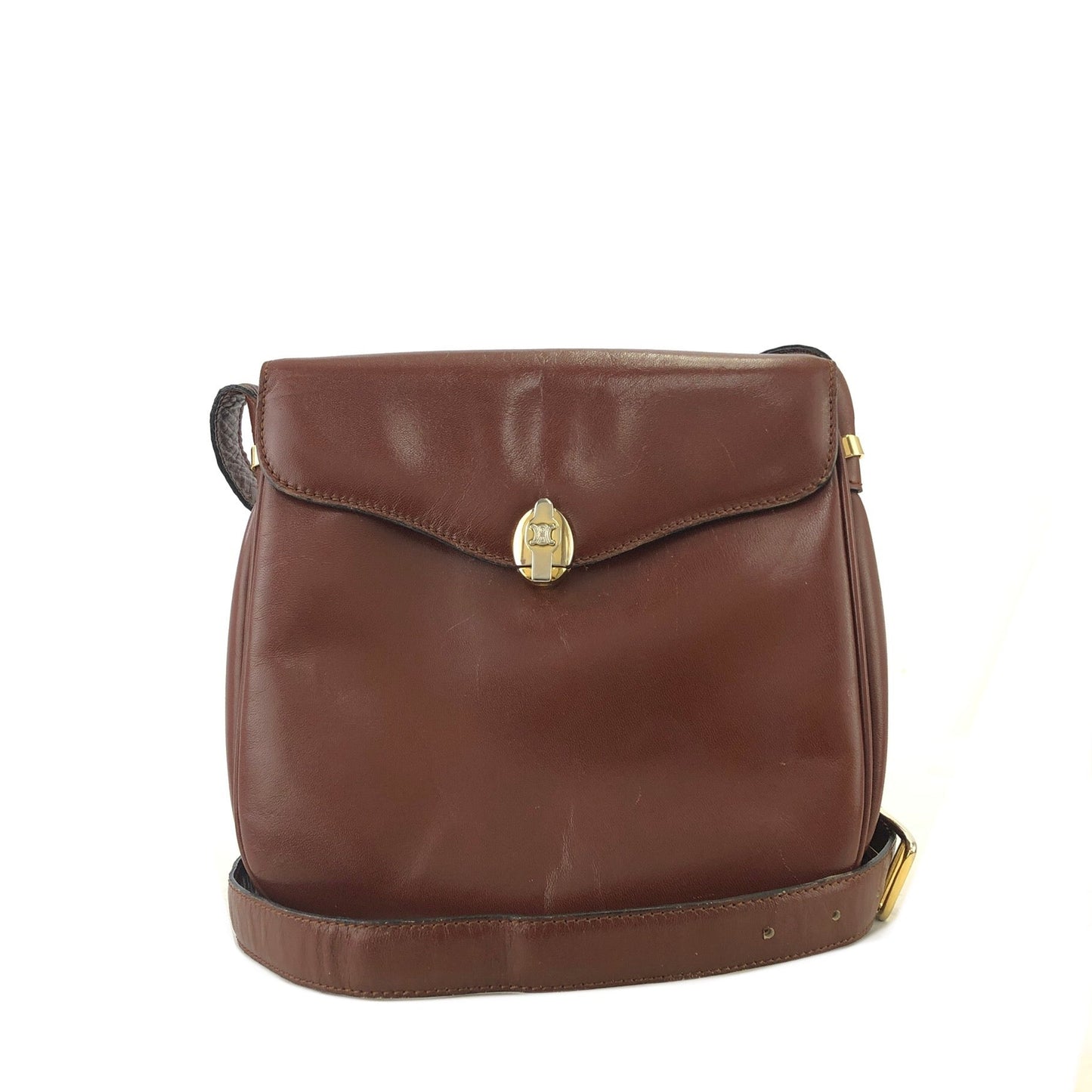 CELINE Blason Metal Fittings Leather Shoulder Bag Brown Vintage Old Celine mi8za6