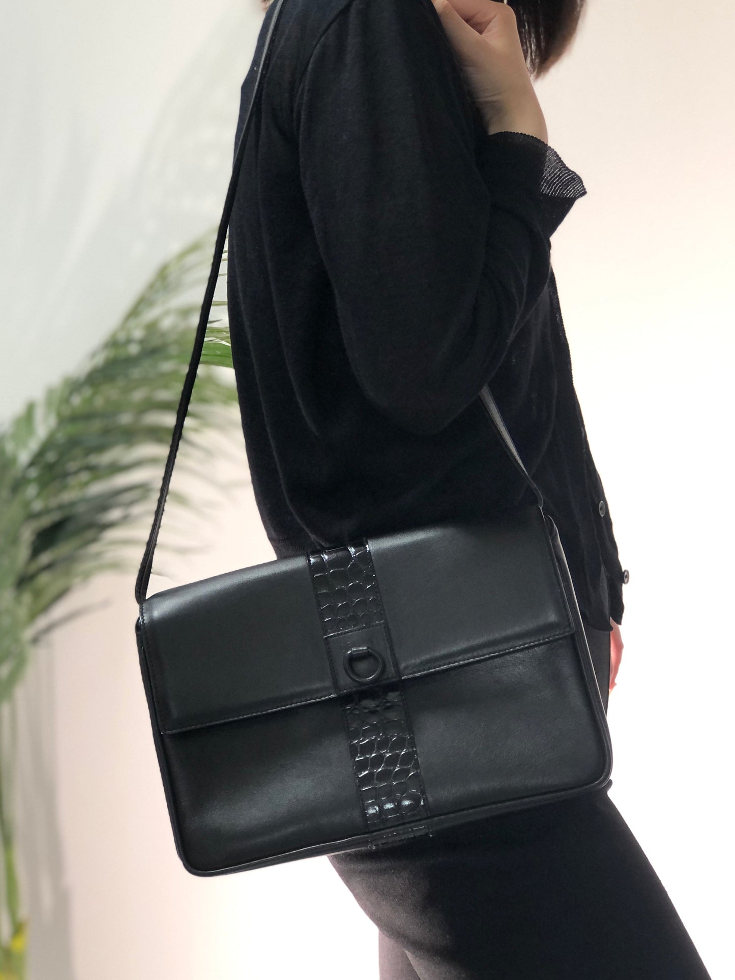 CELINE Gancini Leather Shoulder bag Clutch bag Black Vintage Old Celine 6ehwcp