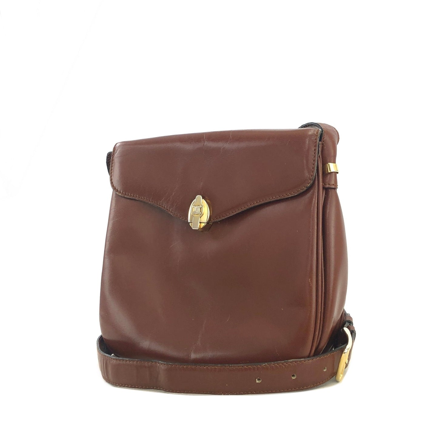 CELINE Blason Metal Fittings Leather Shoulder Bag Brown Vintage Old Celine mi8za6
