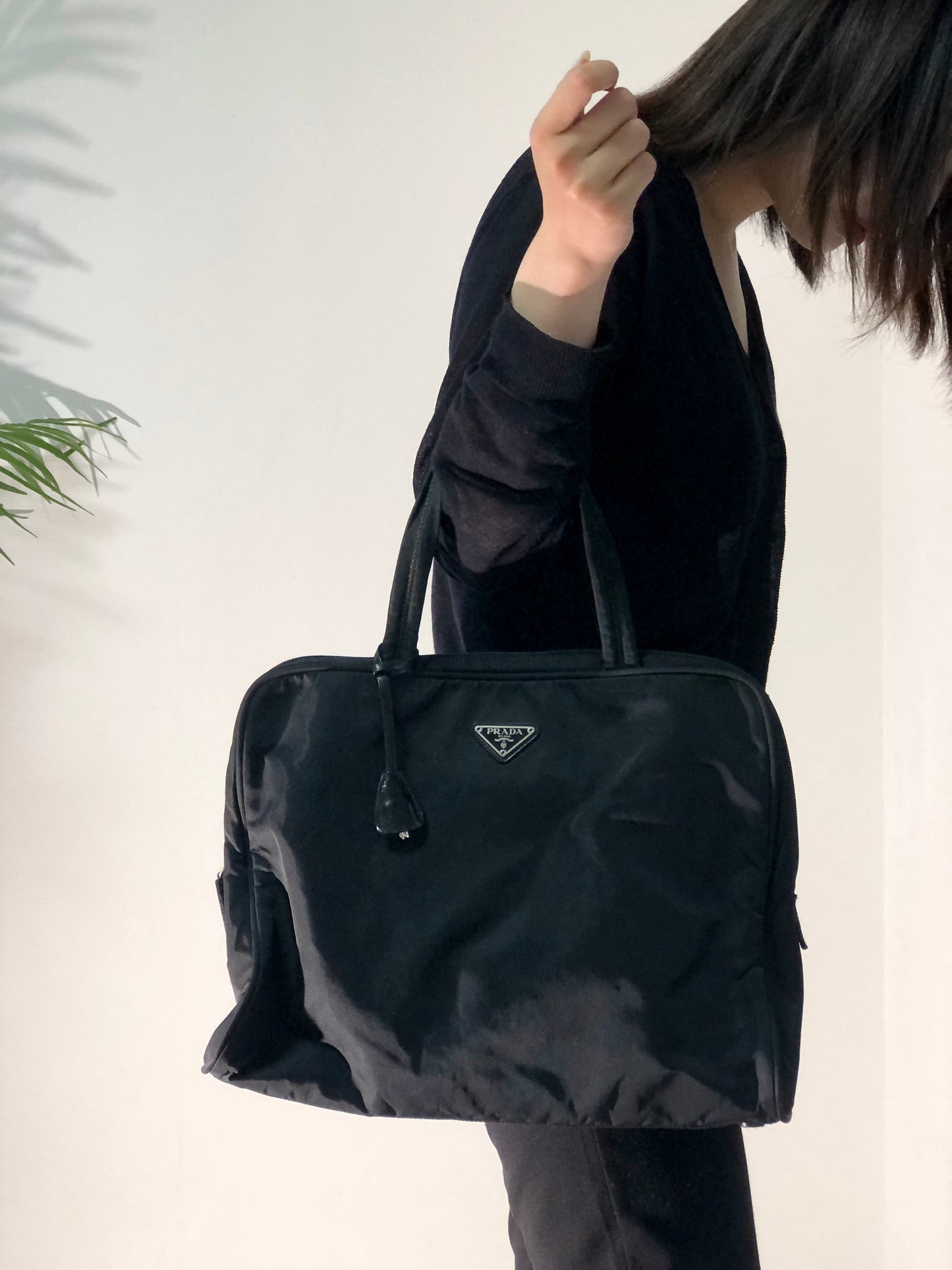 PRADA Triangle logo Nylon Tote bag Black Vintage asuuk8