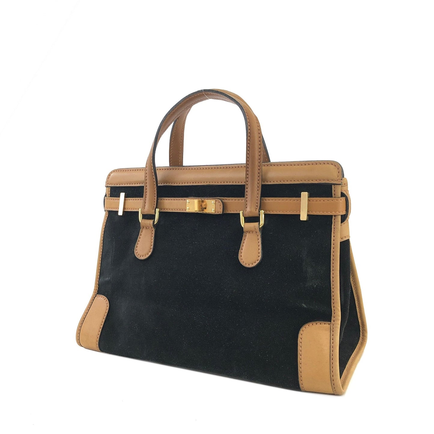 GUCCI Turn Lock Suede Birkin Type Handbag Black Vintage Old cytniv