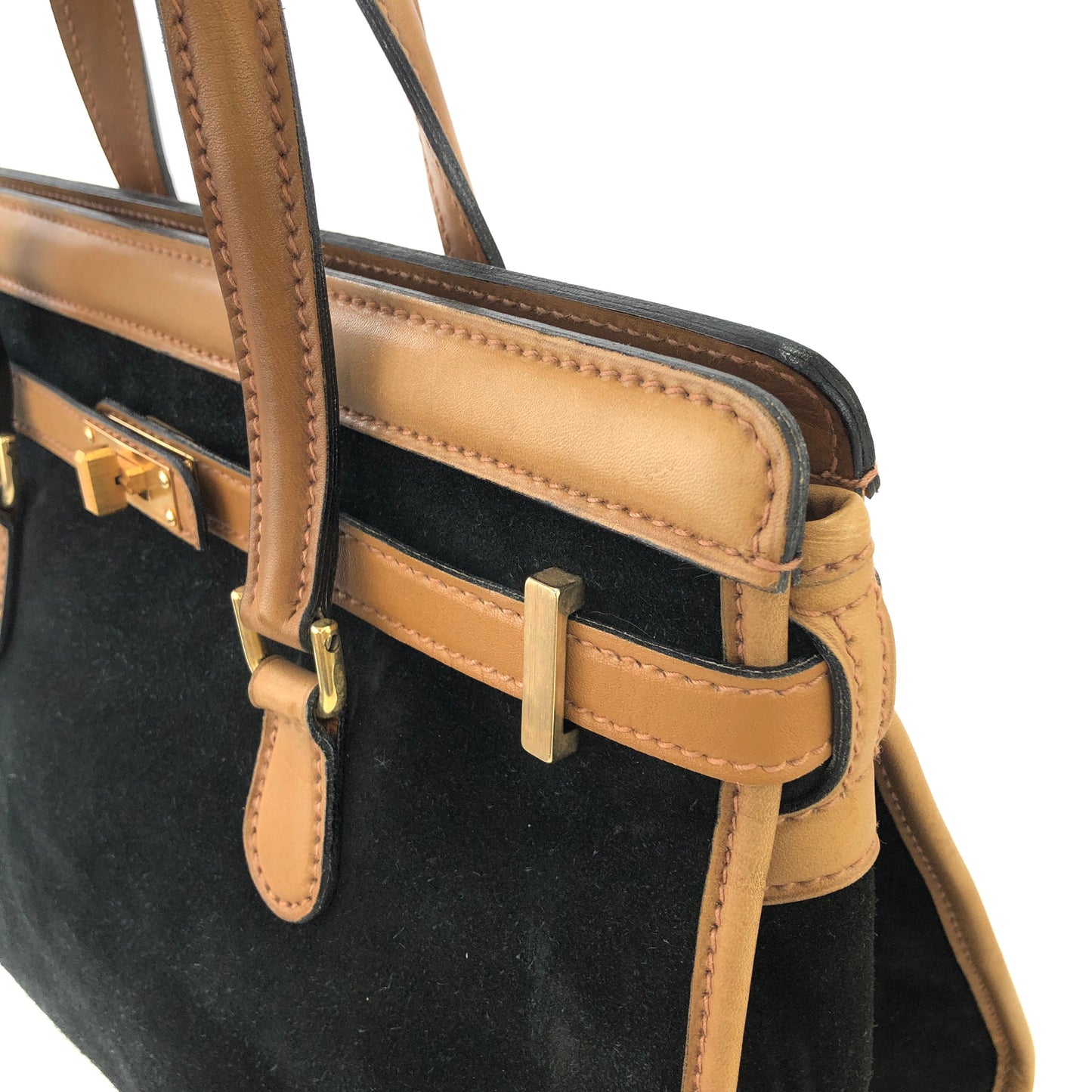 GUCCI Turn Lock Suede Birkin Type Handbag Black Vintage Old cytniv