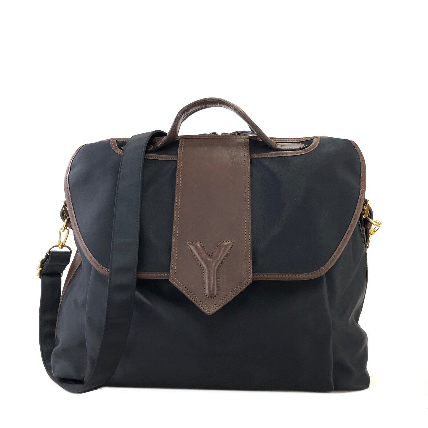 Yves Saint Laurent yEmbossed Nylon x leather 2way bostonba shoulder bag navy x brown vintage old yf3gf4