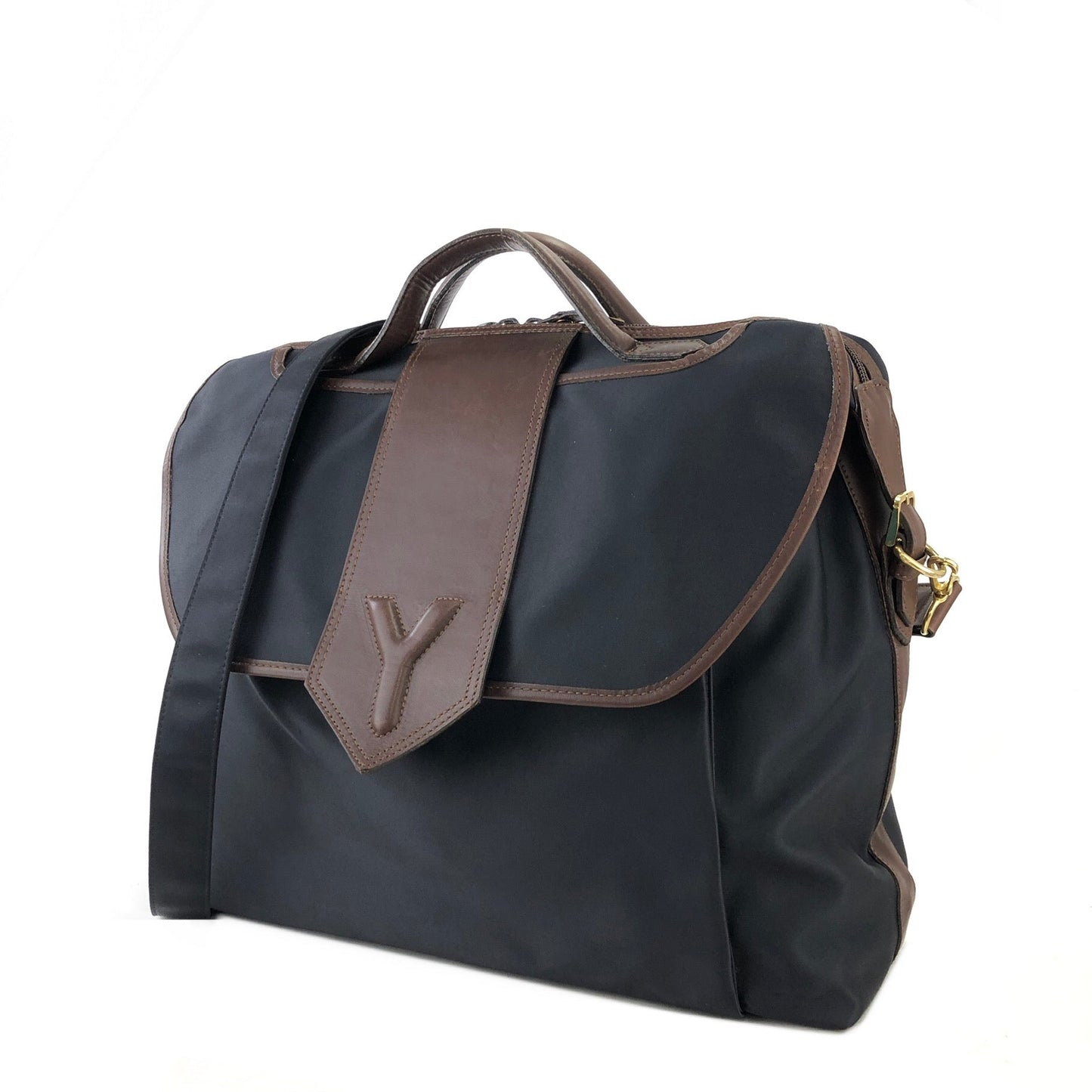 Yves Saint Laurent yEmbossed Nylon x leather 2way bostonba shoulder bag navy x brown vintage old yf3gf4