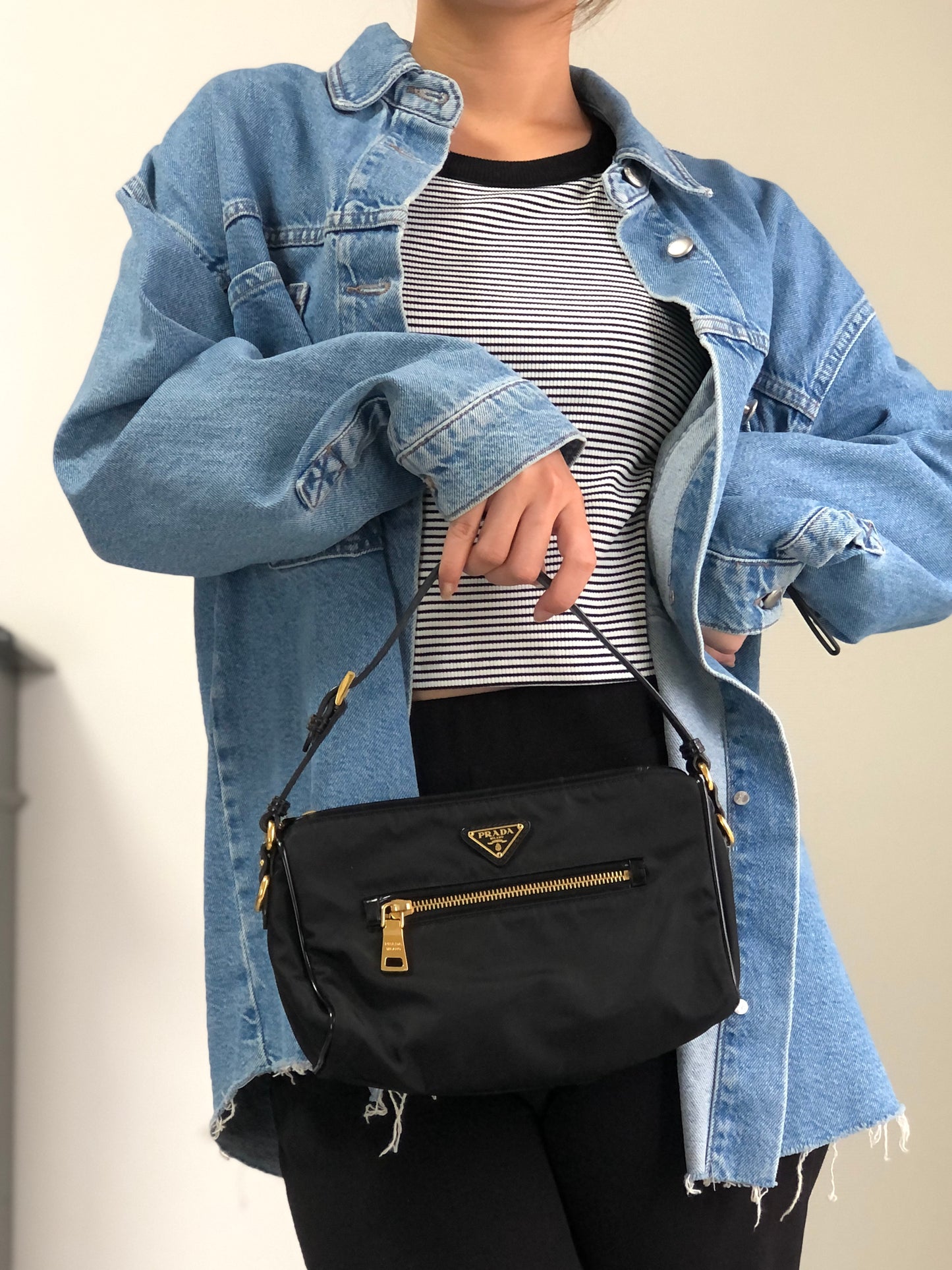 PRADA Tessuto Triangle Logo Small Handbag Black Vintage 6tgg77