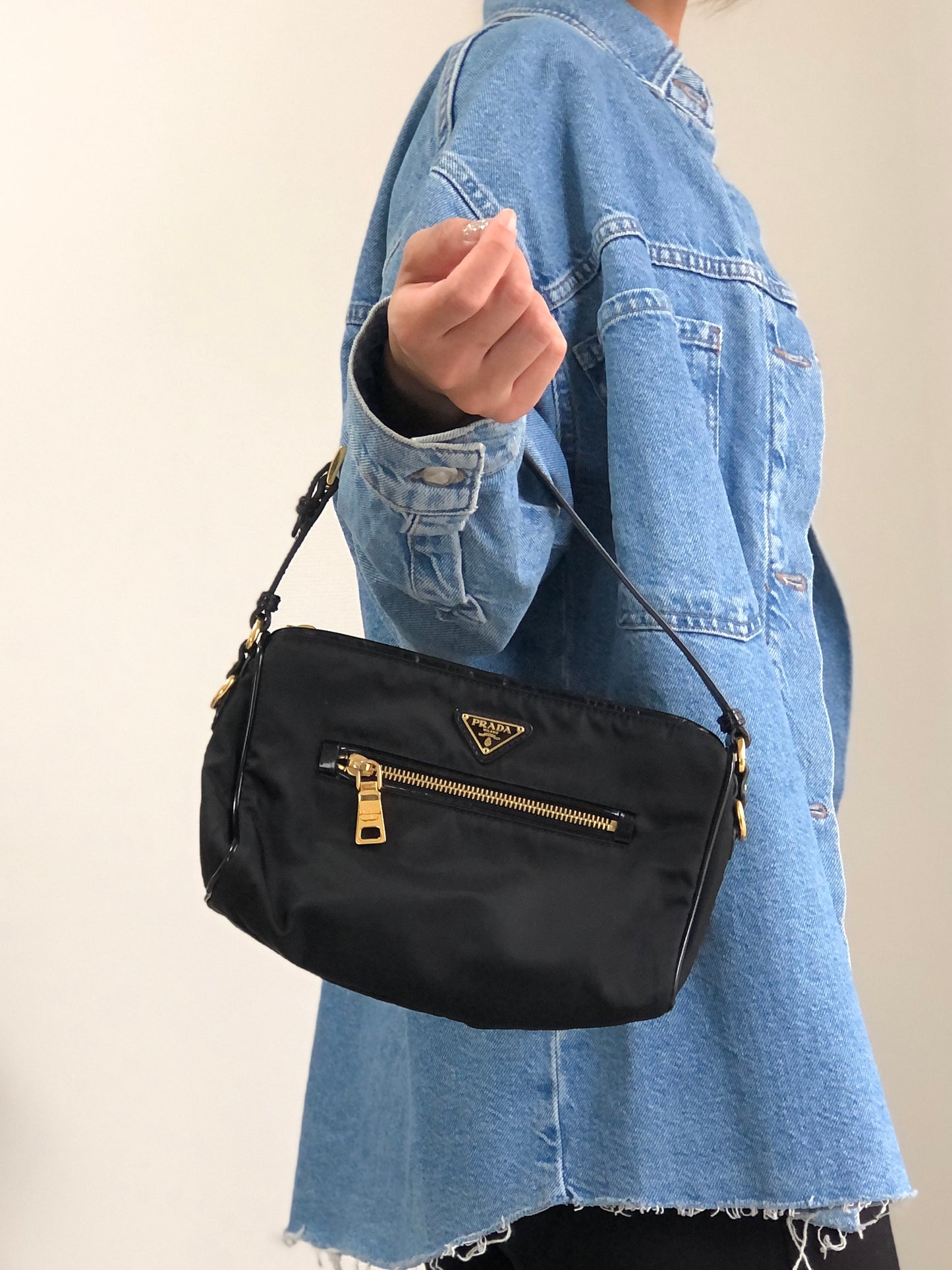 PRADA Tessuto Triangle Logo Small Handbag Black Vintage 6tgg77