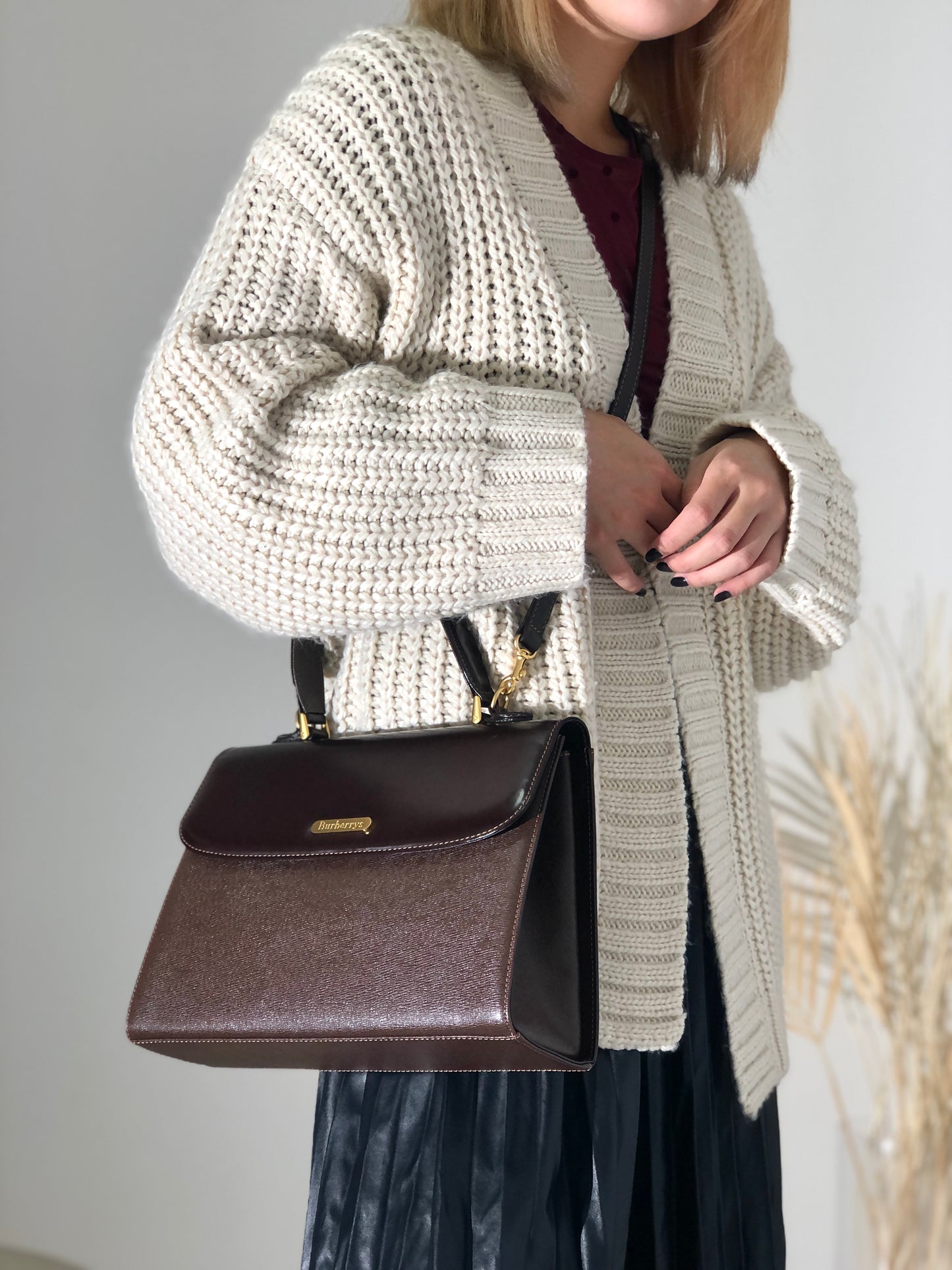 Burberry 標誌圖案皮革兩用手提包單肩包棕色復古 rbsmr2
