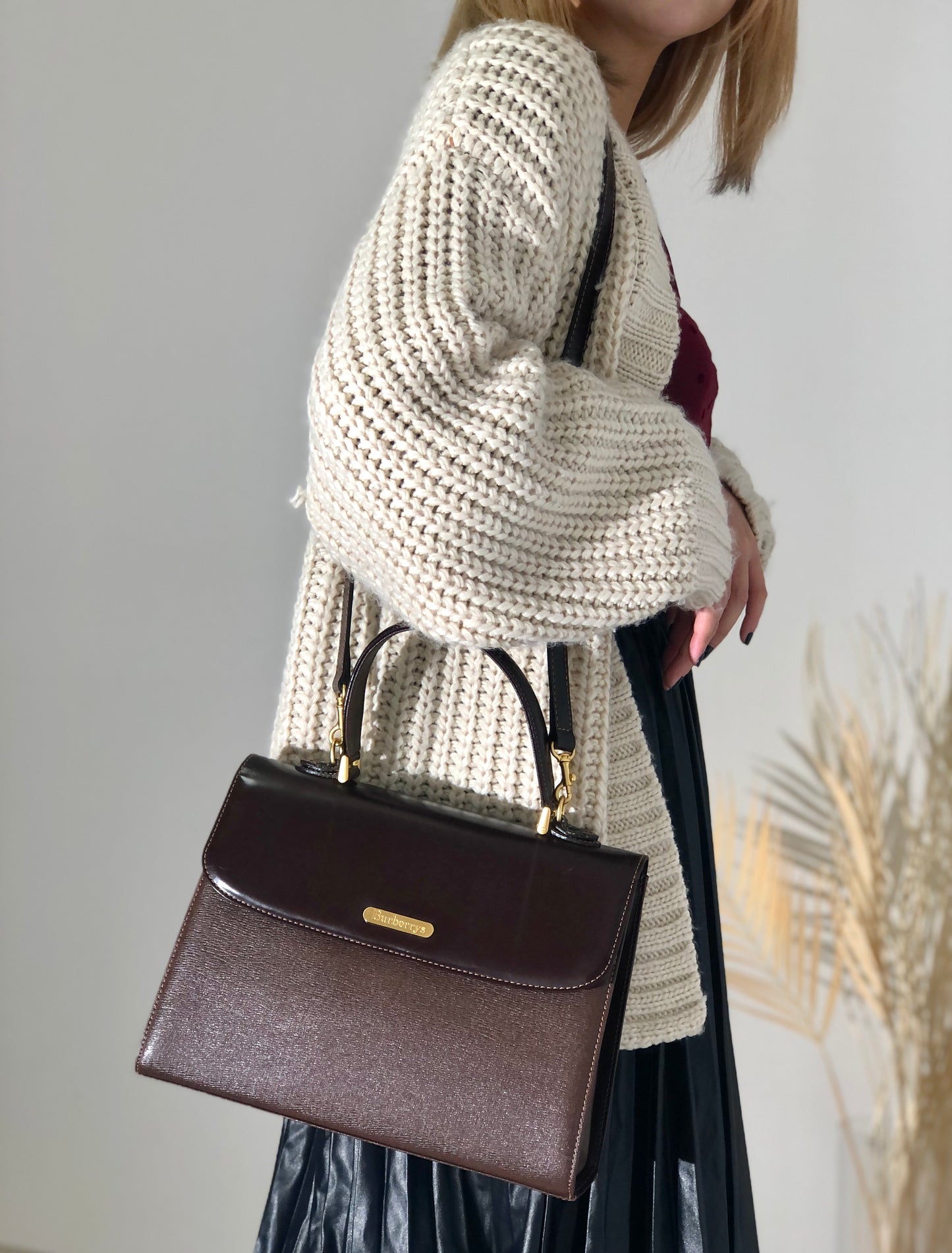 Burberry 標誌圖案皮革兩用手提包單肩包棕色復古 rbsmr2