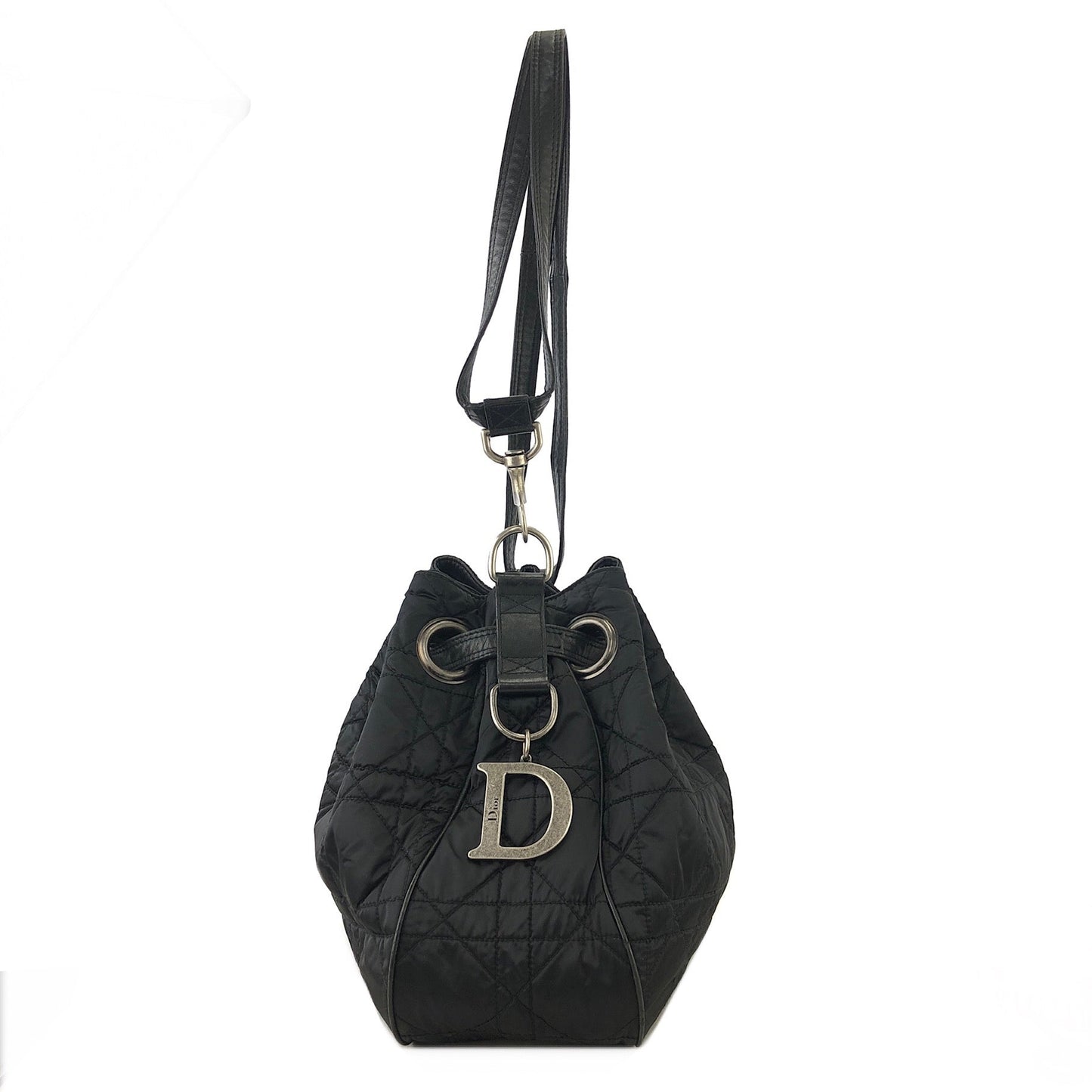 Christian Dior Cannage dior D Charm Nylon Drawstring Shoulder bag Black Vintage Old uetep7
