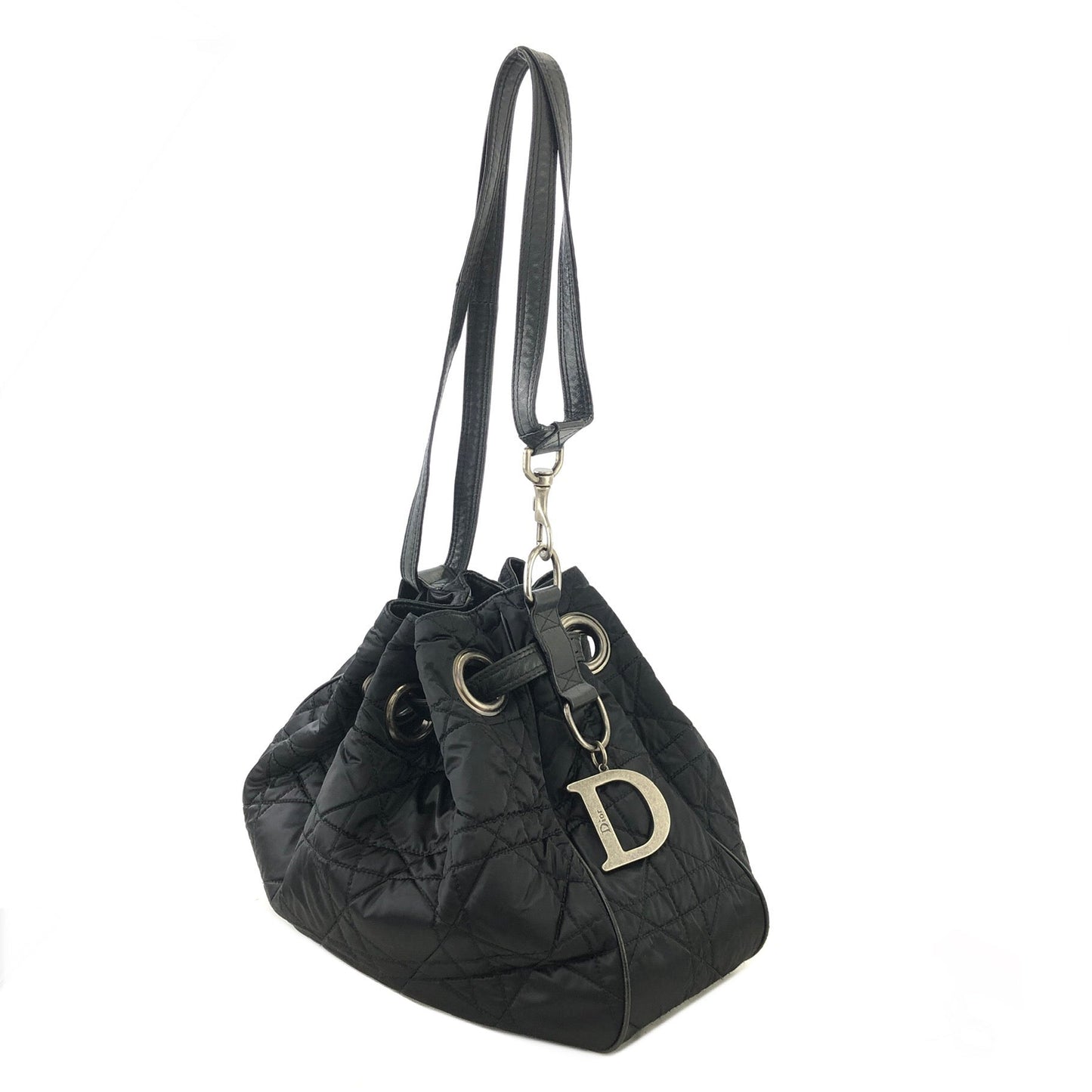 Christian Dior Cannage dior D Charm Nylon Drawstring Shoulder bag Black Vintage Old uetep7