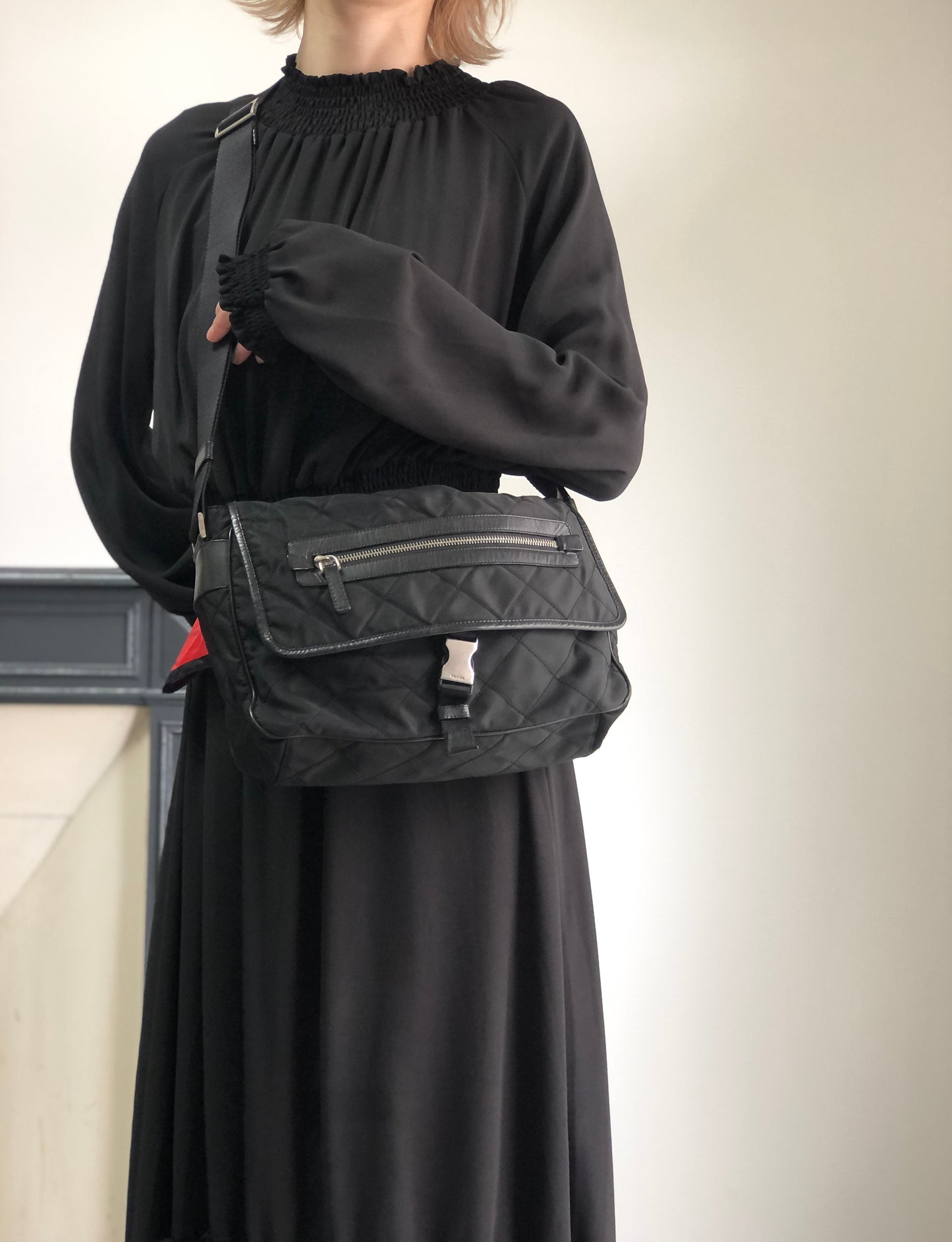 PRADA Tessuto Triangle Logo Shoulder bag Black Vintage g5c3is