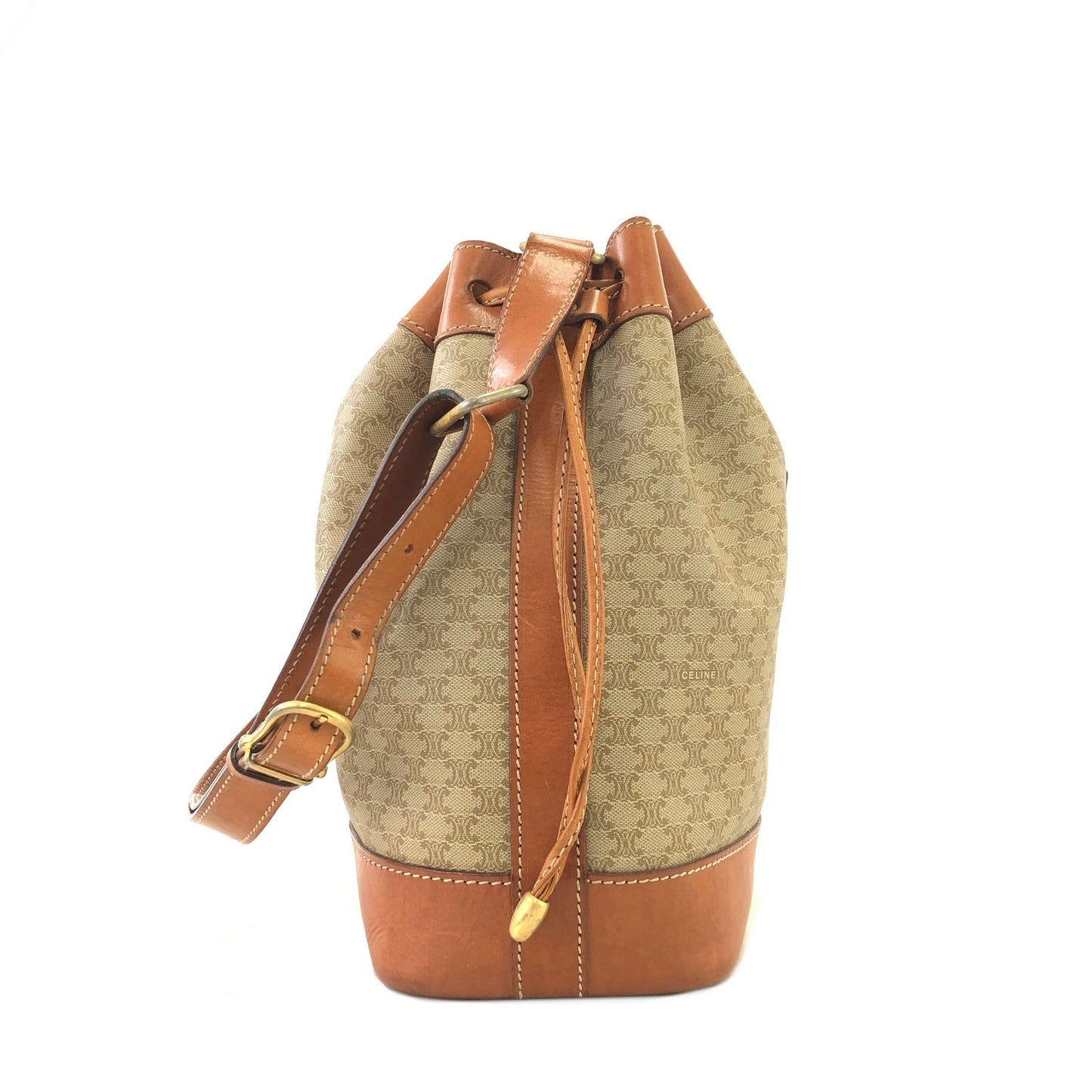 CELINE Macadam Blason Drawstring Bucket Shoulder bag Beige Vintage Old CELINE 8cumcm