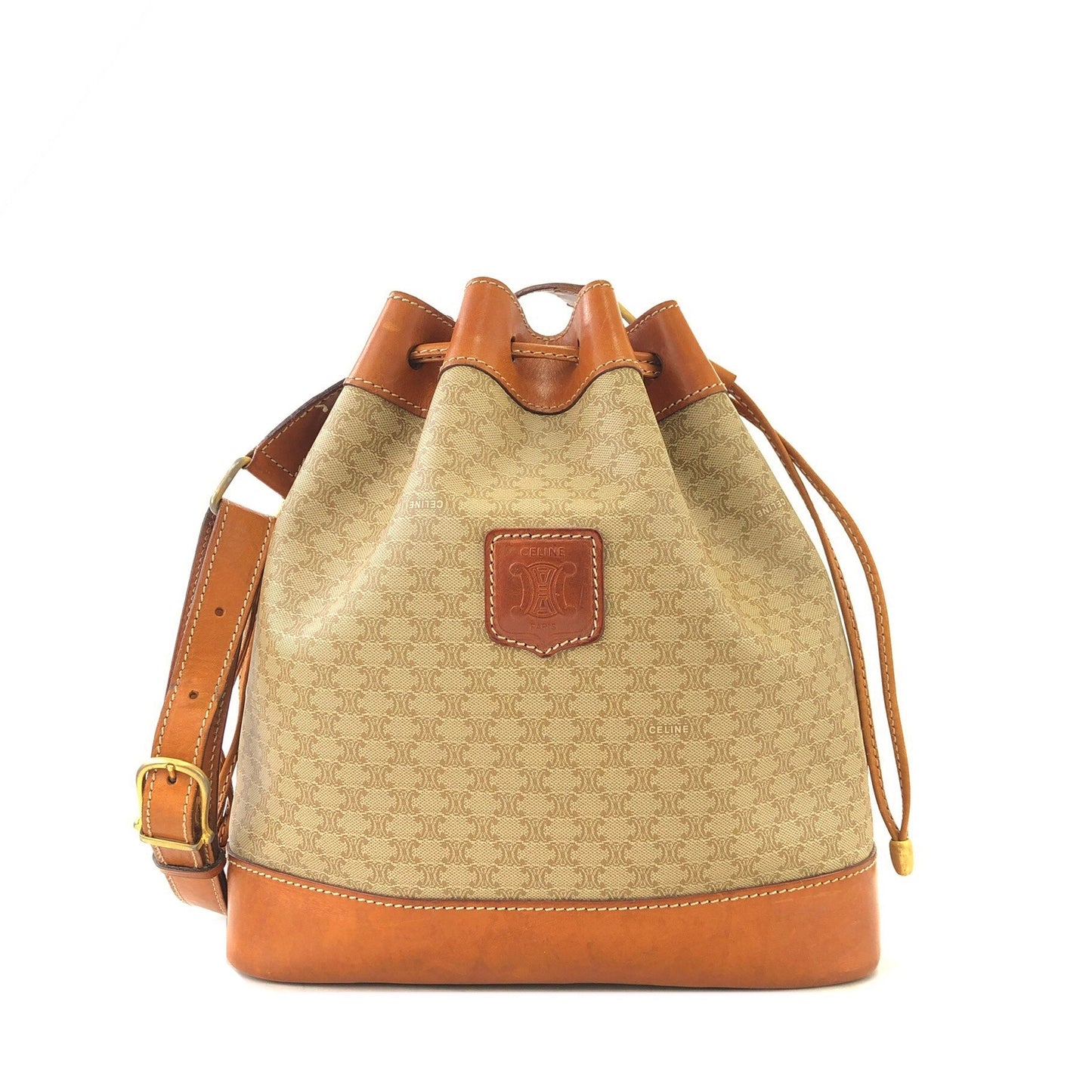 CELINE Macadam Blason Drawstring Bucket Shoulder bag Beige Vintage Old CELINE 8cumcm