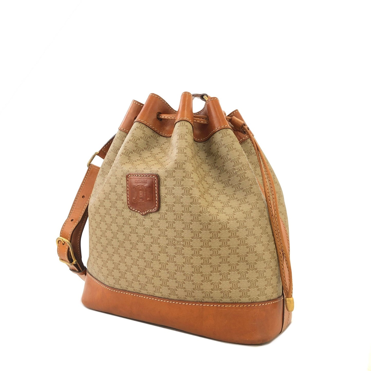 CELINE Macadam Blason Drawstring Bucket Shoulder bag Beige Vintage Old CELINE 8cumcm