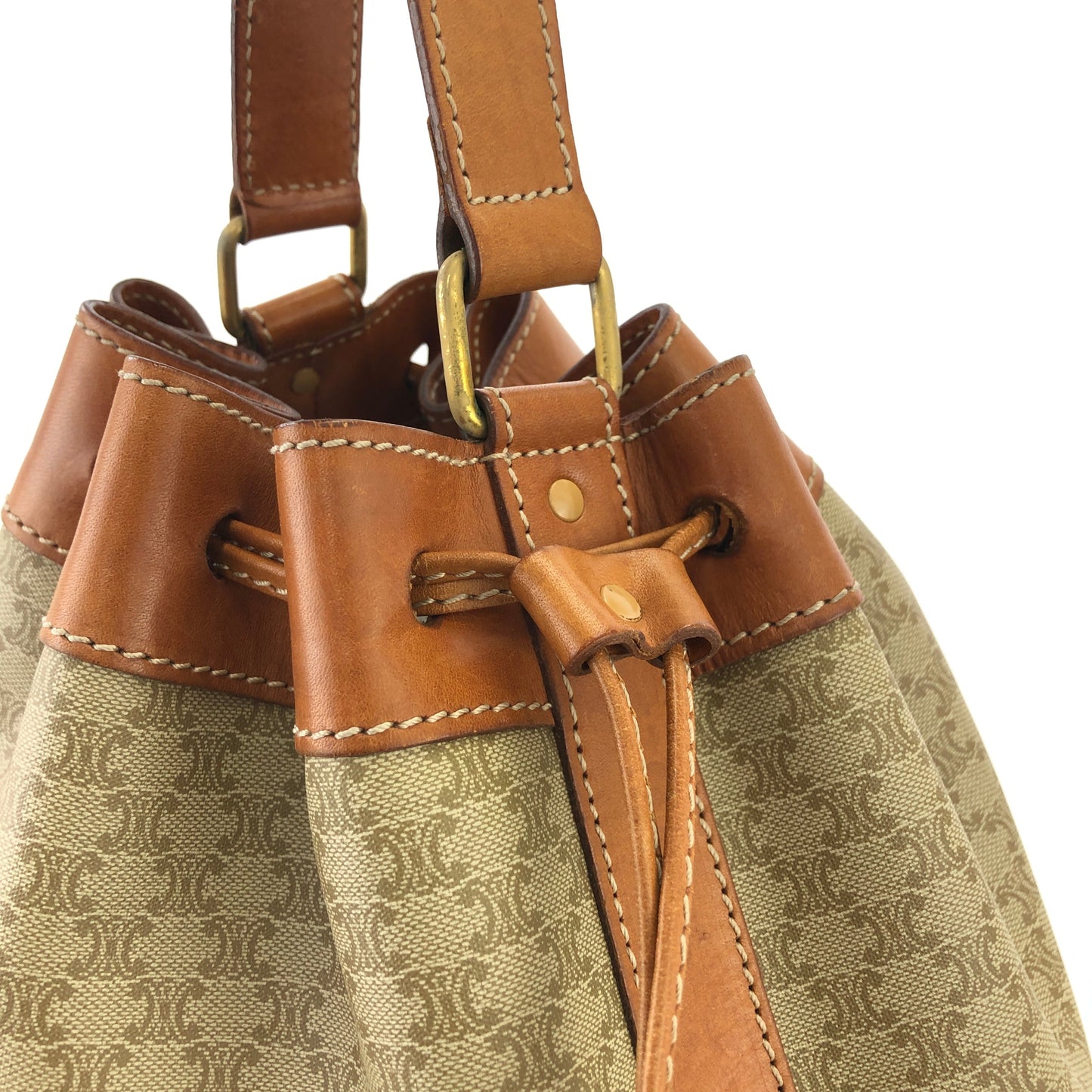 CELINE Macadam Blason Drawstring Bucket Shoulder bag Beige Vintage Old CELINE 8cumcm