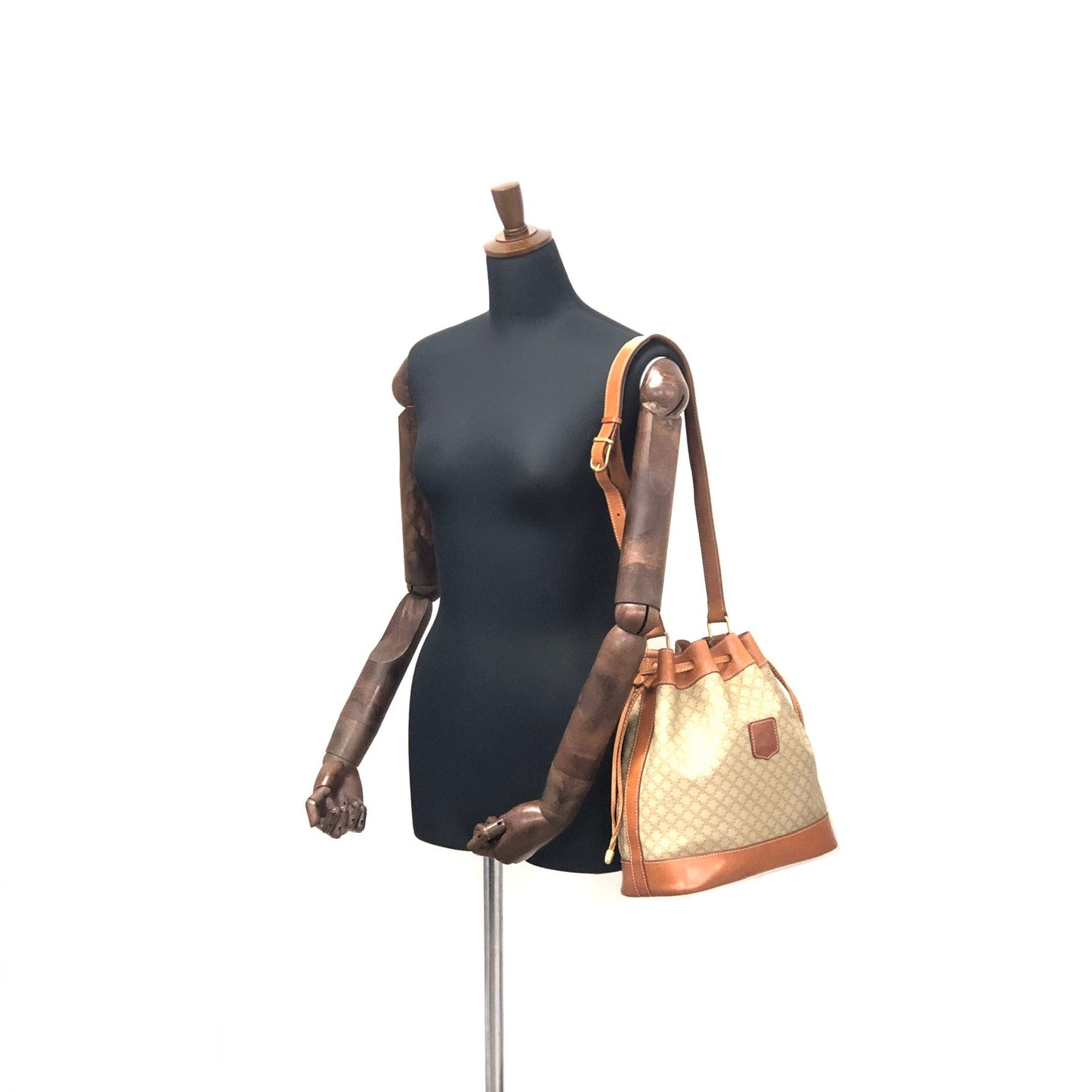 CELINE Macadam Blason Drawstring Bucket Shoulder bag Beige Vintage Old CELINE 8cumcm