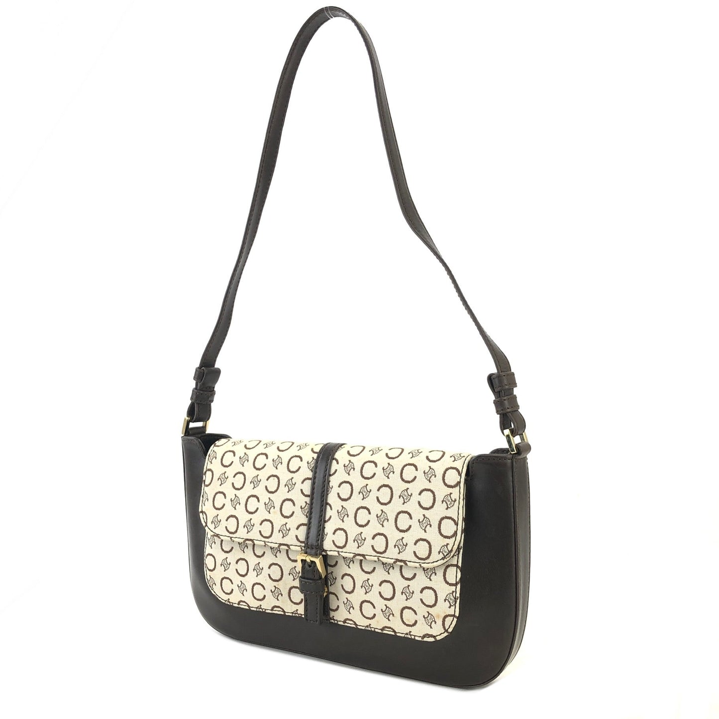 CELINE C Macadam Front Buckle Jacquard Shoulder bag White Vintage Old Celine xurfup