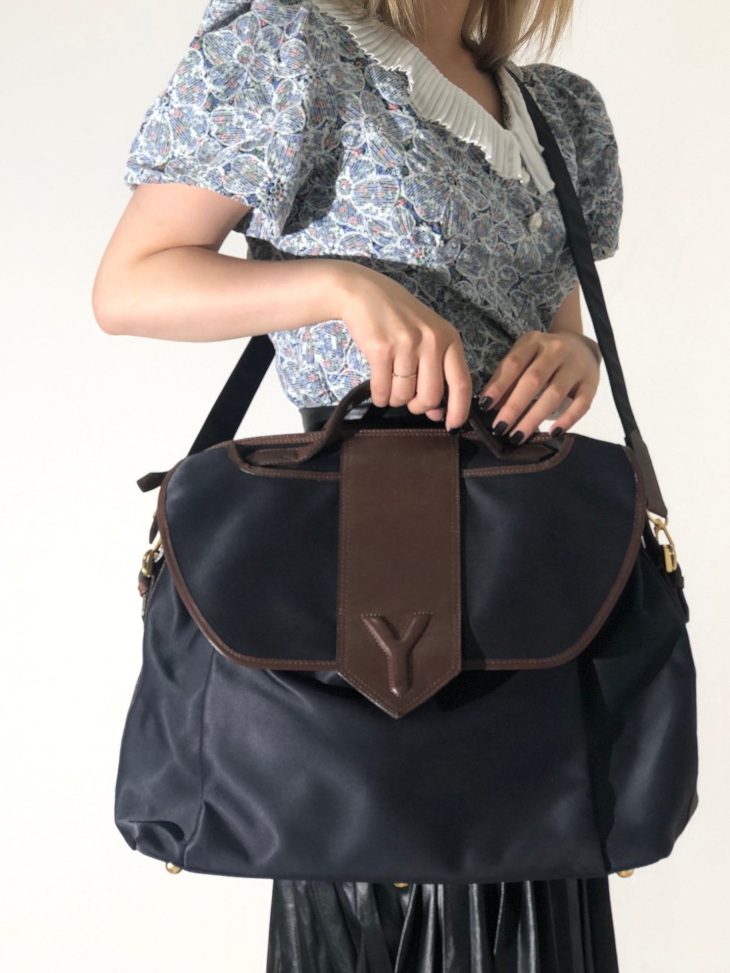 Yves Saint Laurent yEmbossed Nylon x leather 2way bostonba shoulder bag navy x brown vintage old yf3gf4