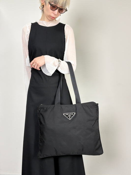 PRADA Tessuto Triangle Logo Handbag Totebag Black Vintage 6e4zku